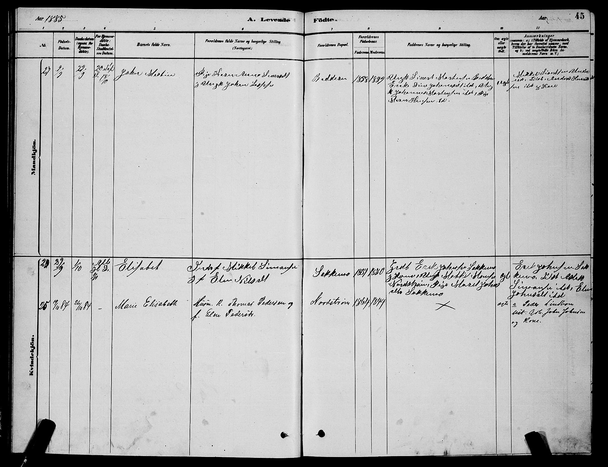 Skjervøy sokneprestkontor, AV/SATØ-S-1300/H/Ha/Hab/L0015klokker: Parish register (copy) no. 15, 1878-1890, p. 45