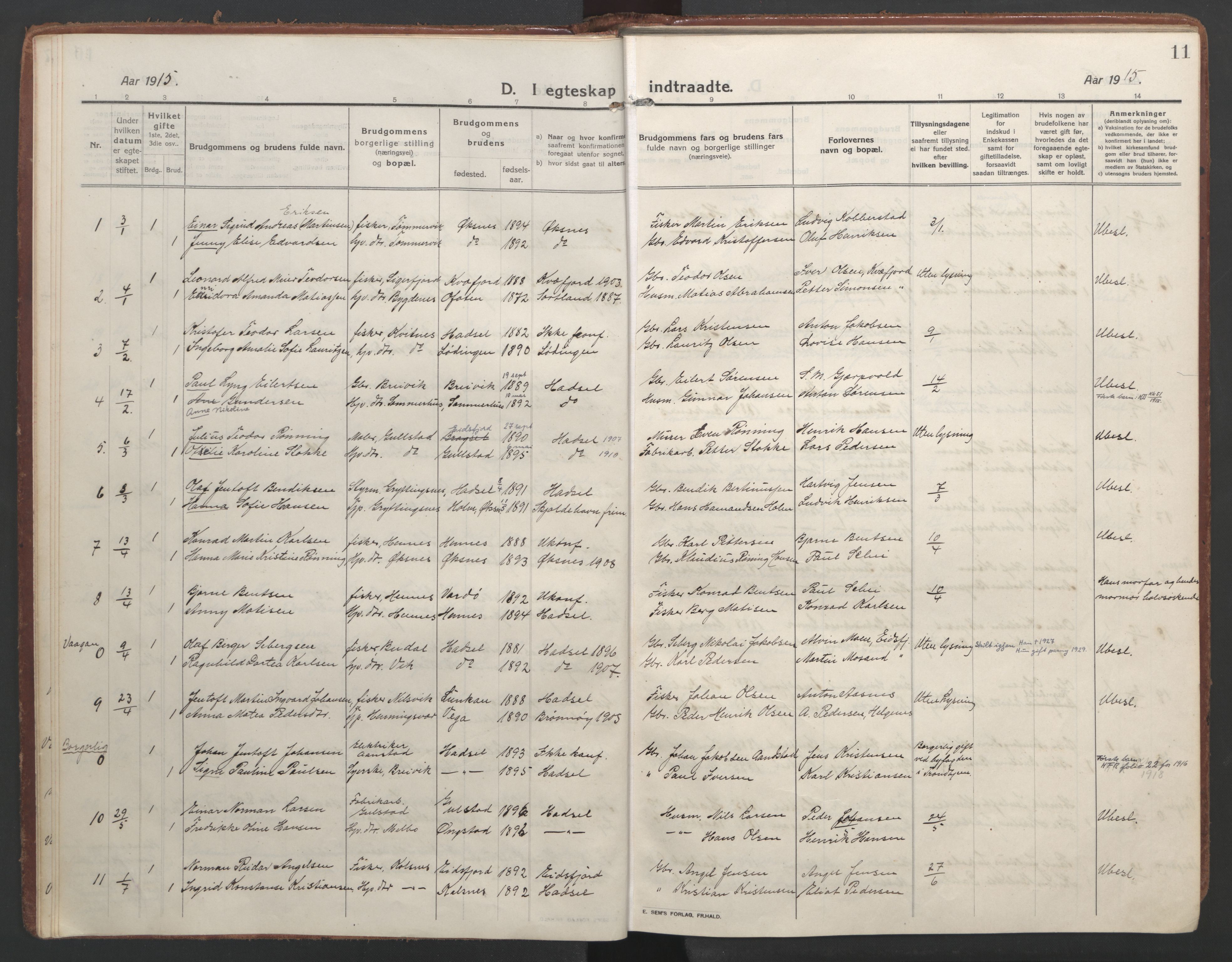 Ministerialprotokoller, klokkerbøker og fødselsregistre - Nordland, AV/SAT-A-1459/888/L1251: Parish register (official) no. 888A17, 1913-1925, p. 11