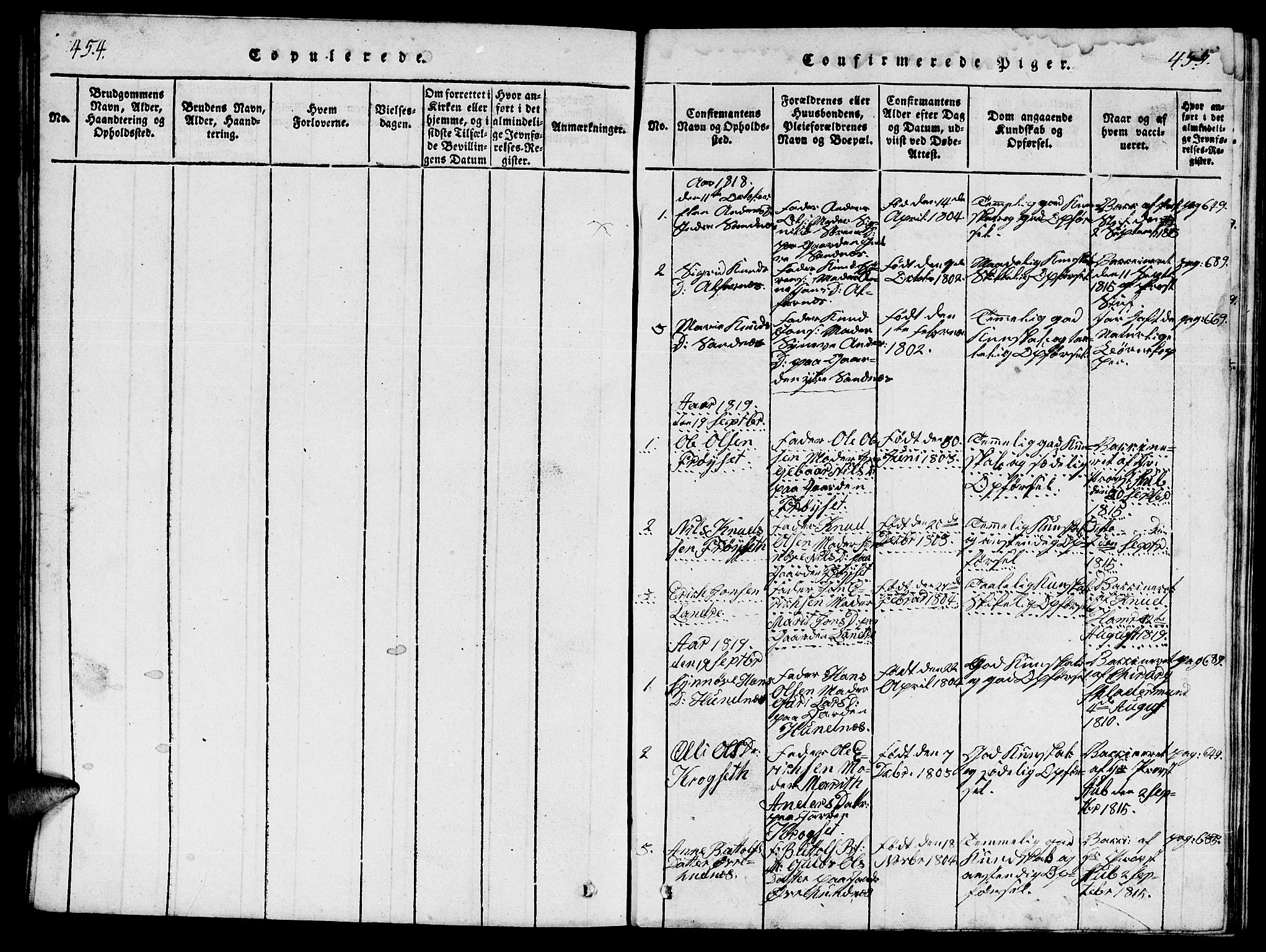 Ministerialprotokoller, klokkerbøker og fødselsregistre - Møre og Romsdal, SAT/A-1454/548/L0613: Parish register (copy) no. 548C01, 1818-1846, p. 454-455