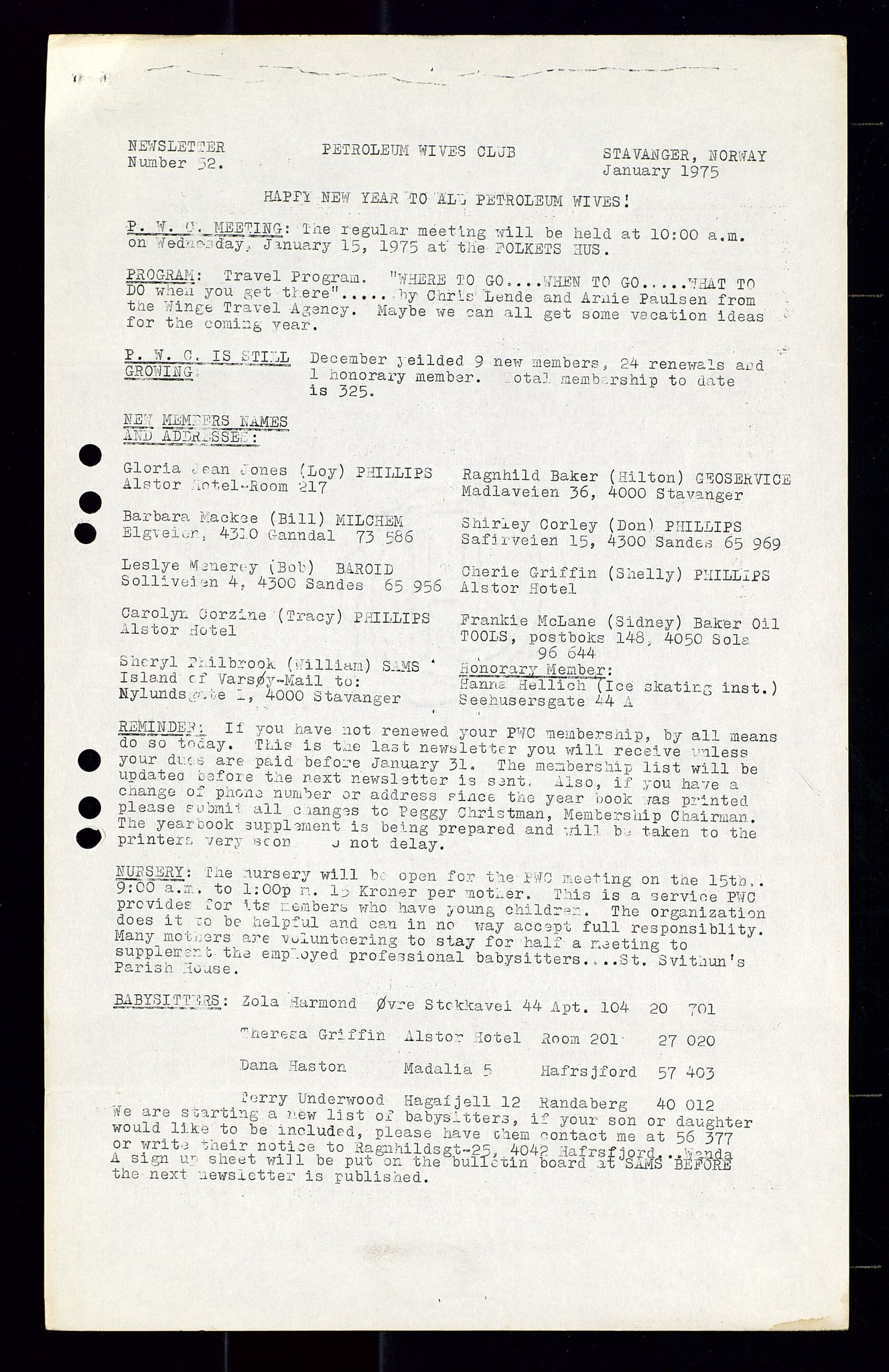 PA 1547 - Petroleum Wives Club, AV/SAST-A-101974/X/Xa/L0001: Newsletters (1971-1978)/radiointervjuer på kasett (1989-1992), 1970-1978