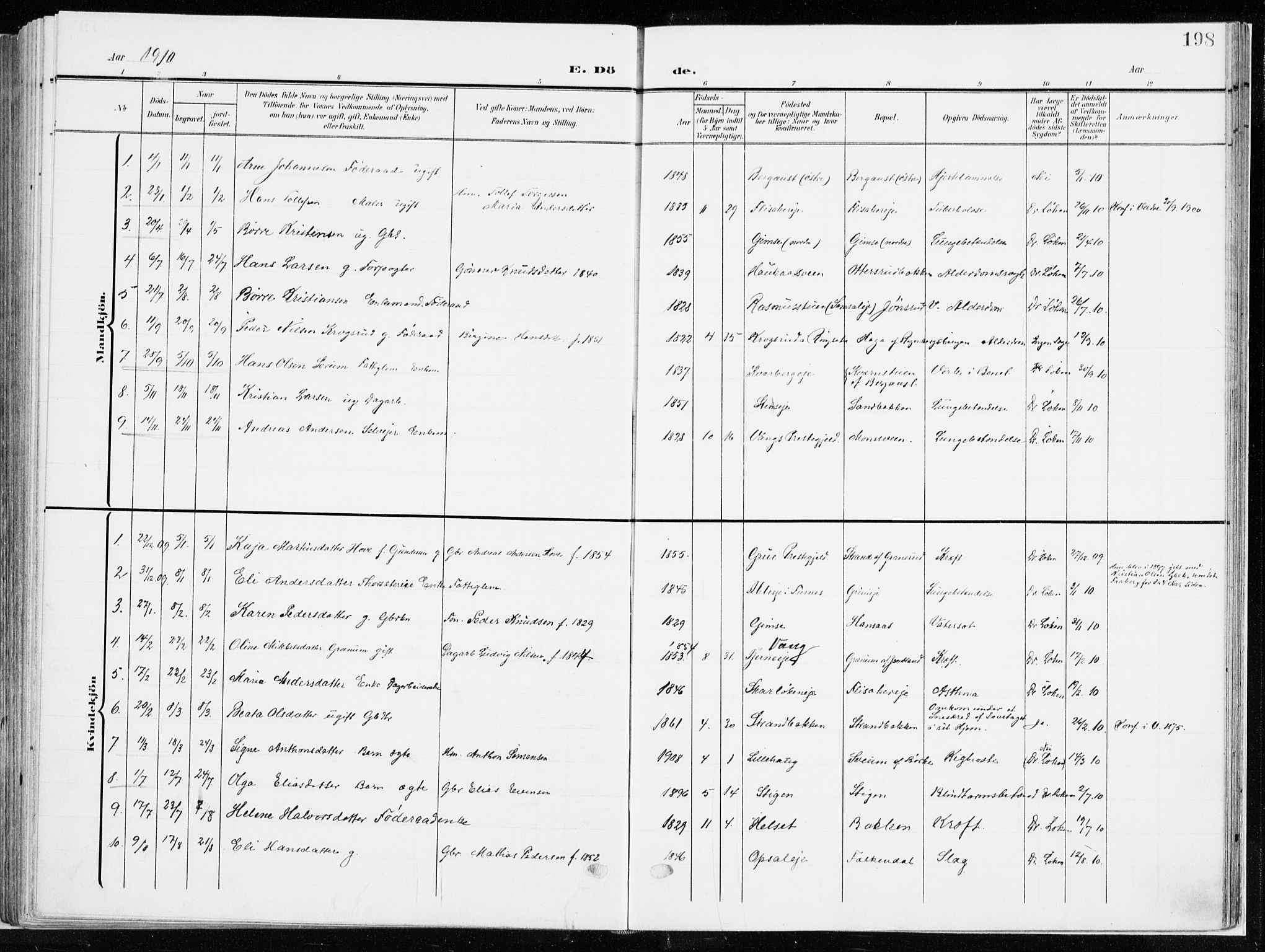 Ringsaker prestekontor, AV/SAH-PREST-014/K/Ka/L0019: Parish register (official) no. 19, 1905-1920, p. 198