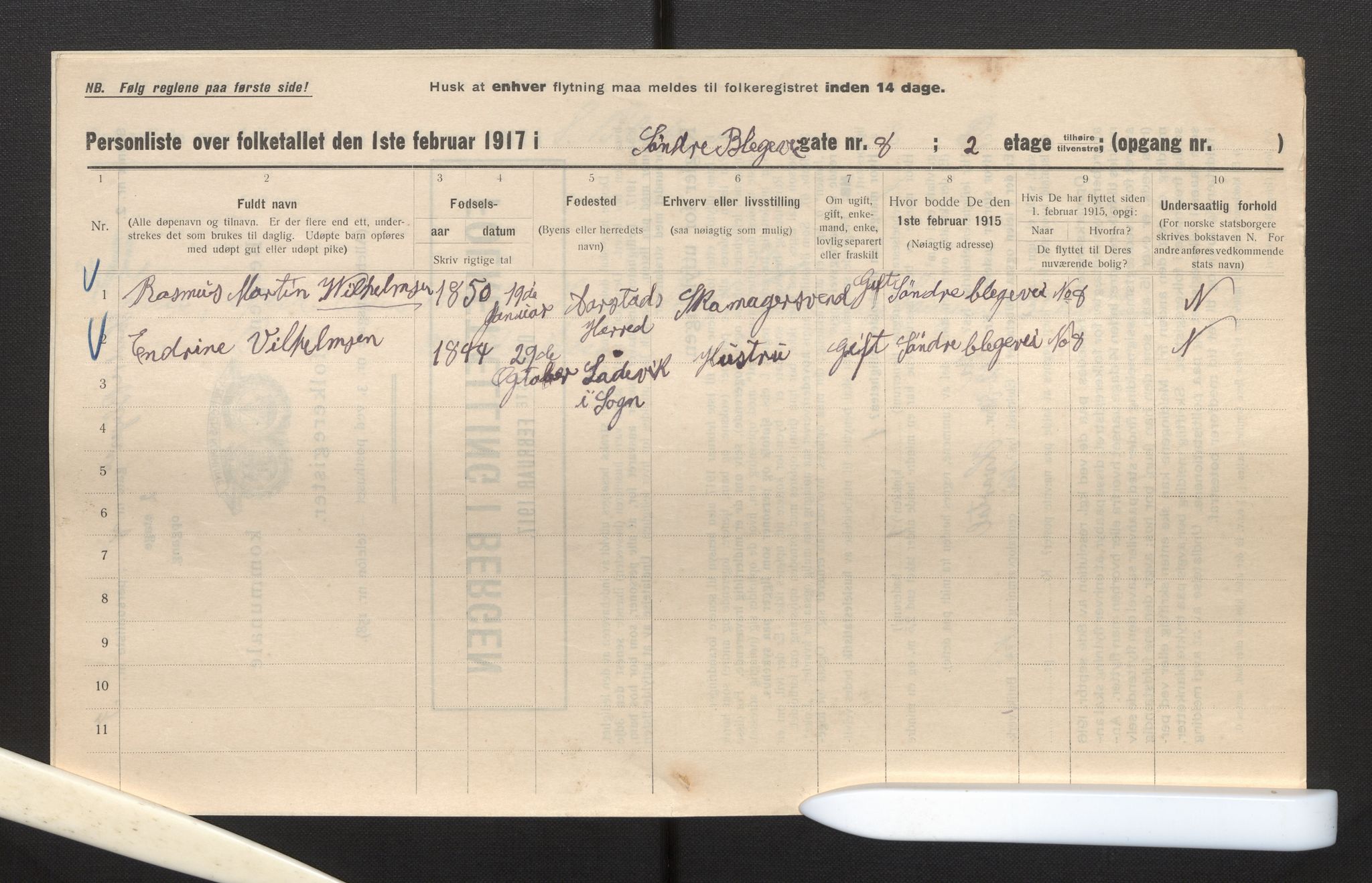 SAB, Municipal Census 1917 for Bergen, 1917, p. 3057