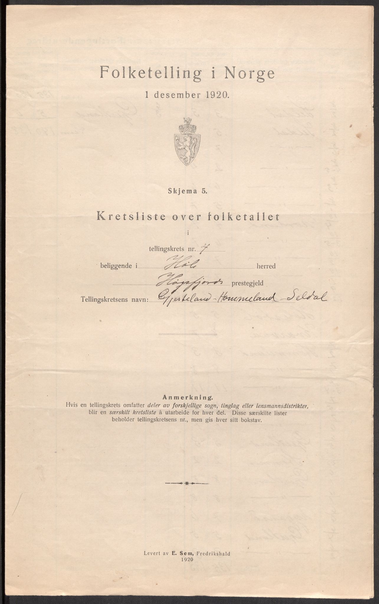 SAST, 1920 census for Høle, 1920, p. 21