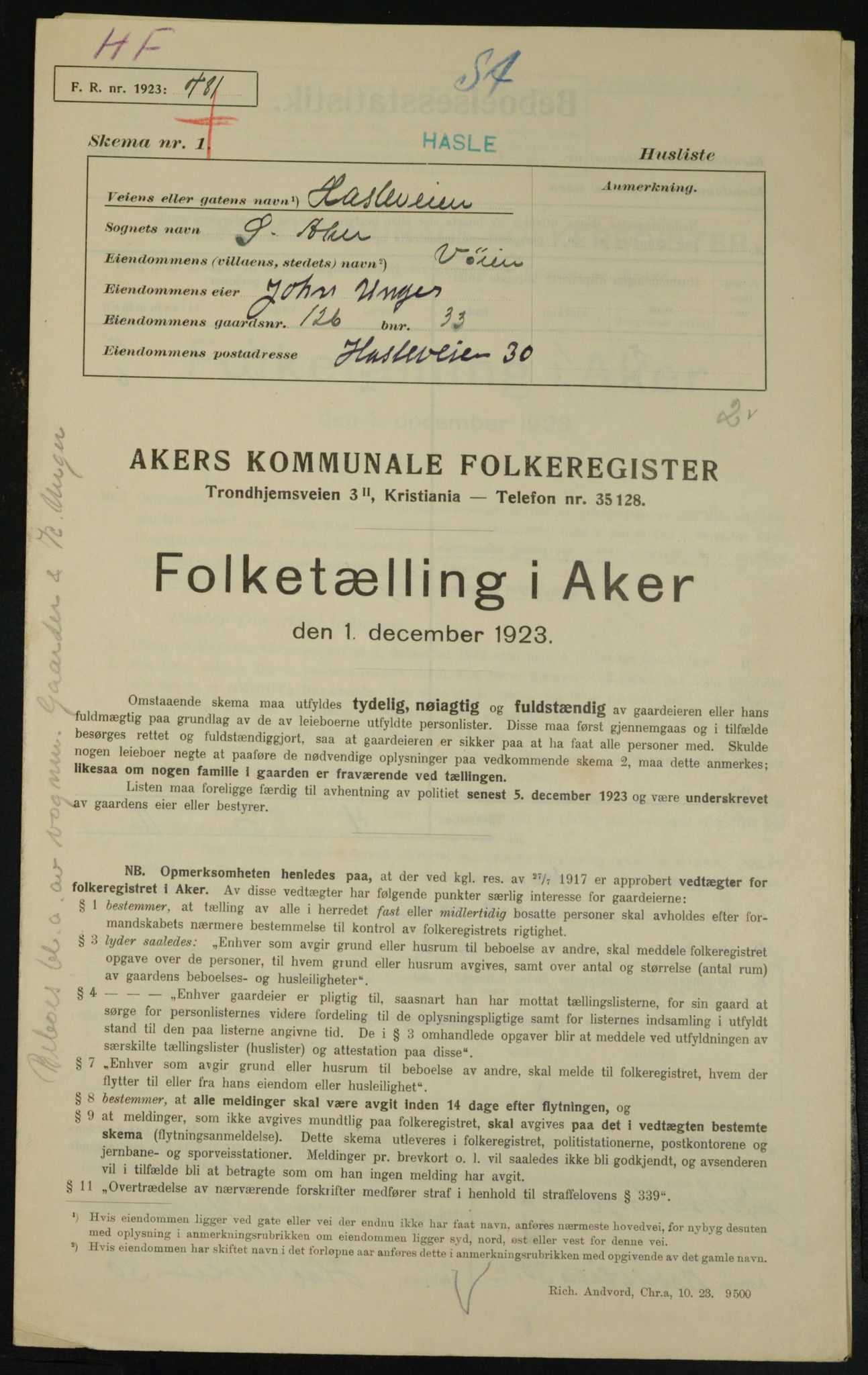 , Municipal Census 1923 for Aker, 1923, p. 25564