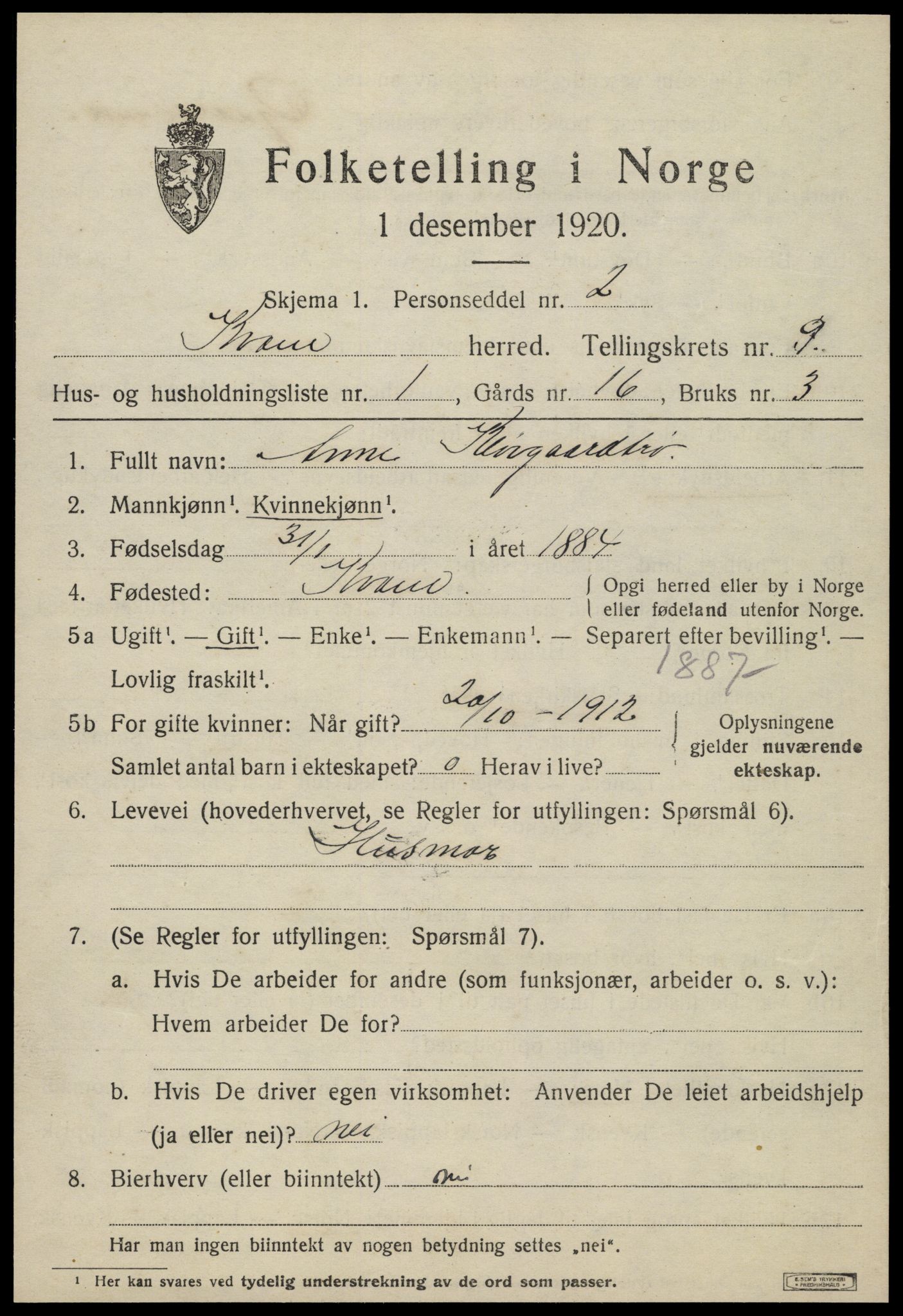 SAT, 1920 census for Kvam, 1920, p. 2333