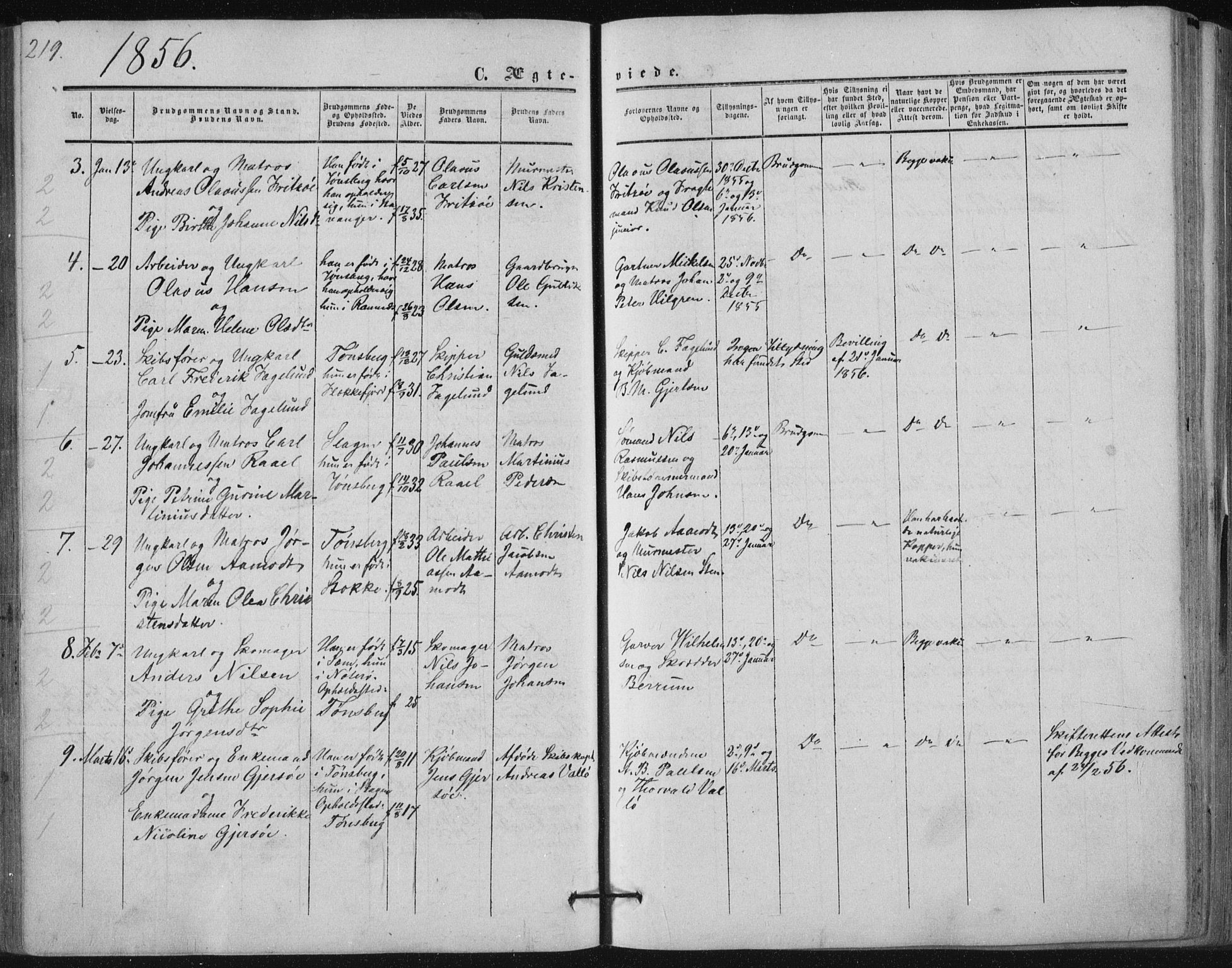 Tønsberg kirkebøker, AV/SAKO-A-330/F/Fa/L0008: Parish register (official) no. I 8, 1855-1864, p. 219