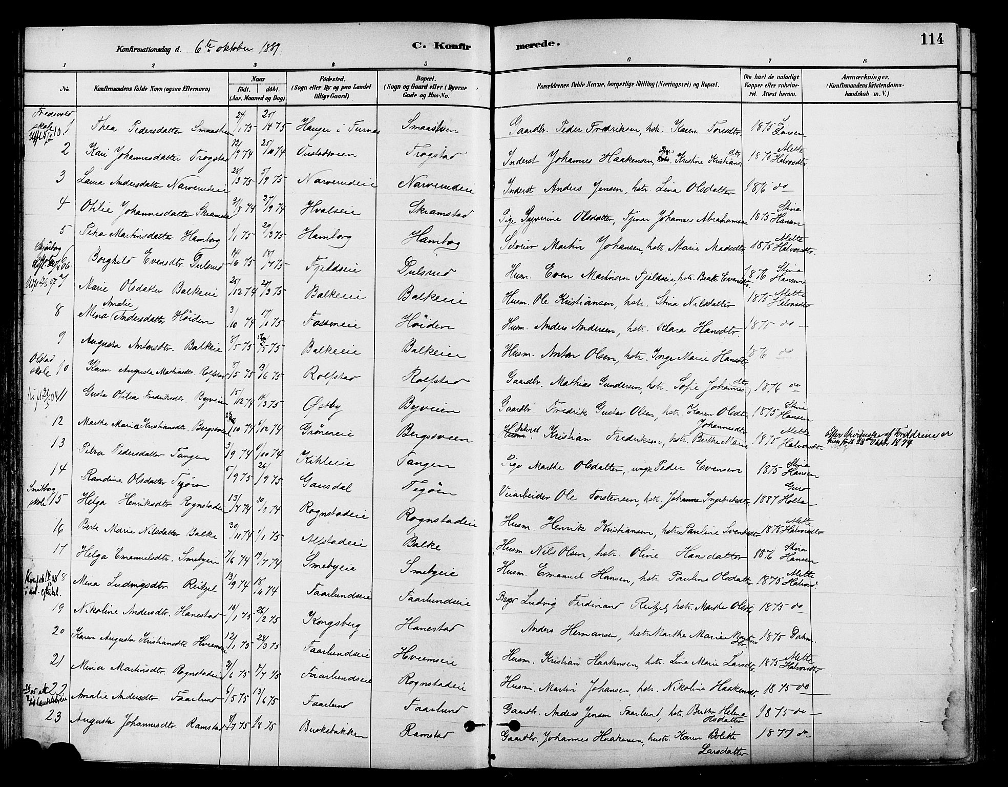 Østre Toten prestekontor, SAH/PREST-104/H/Ha/Haa/L0007: Parish register (official) no. 7, 1881-1896, p. 114