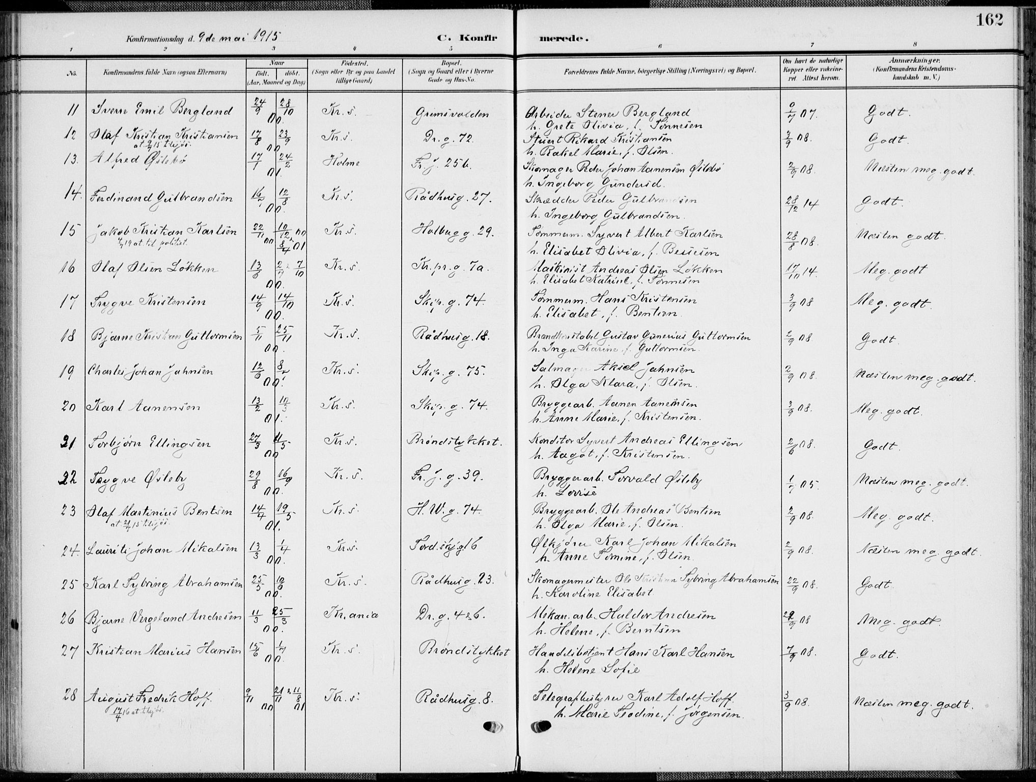 Kristiansand domprosti, AV/SAK-1112-0006/F/Fa/L0022: Parish register (official) no. A 21, 1905-1916, p. 162