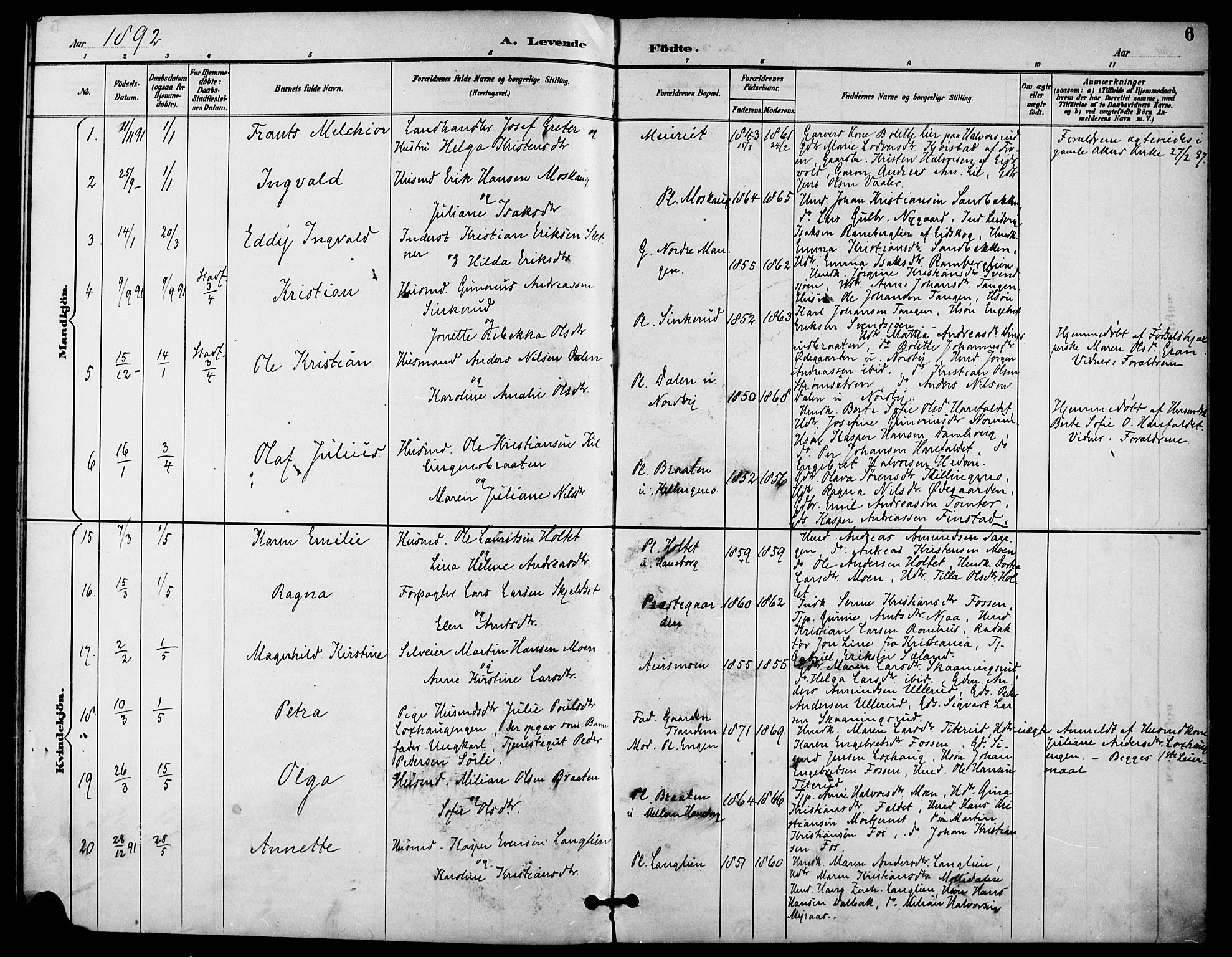 Aurskog prestekontor Kirkebøker, AV/SAO-A-10304a/F/Fa/L0009: Parish register (official) no. I 9, 1891-1898, p. 6