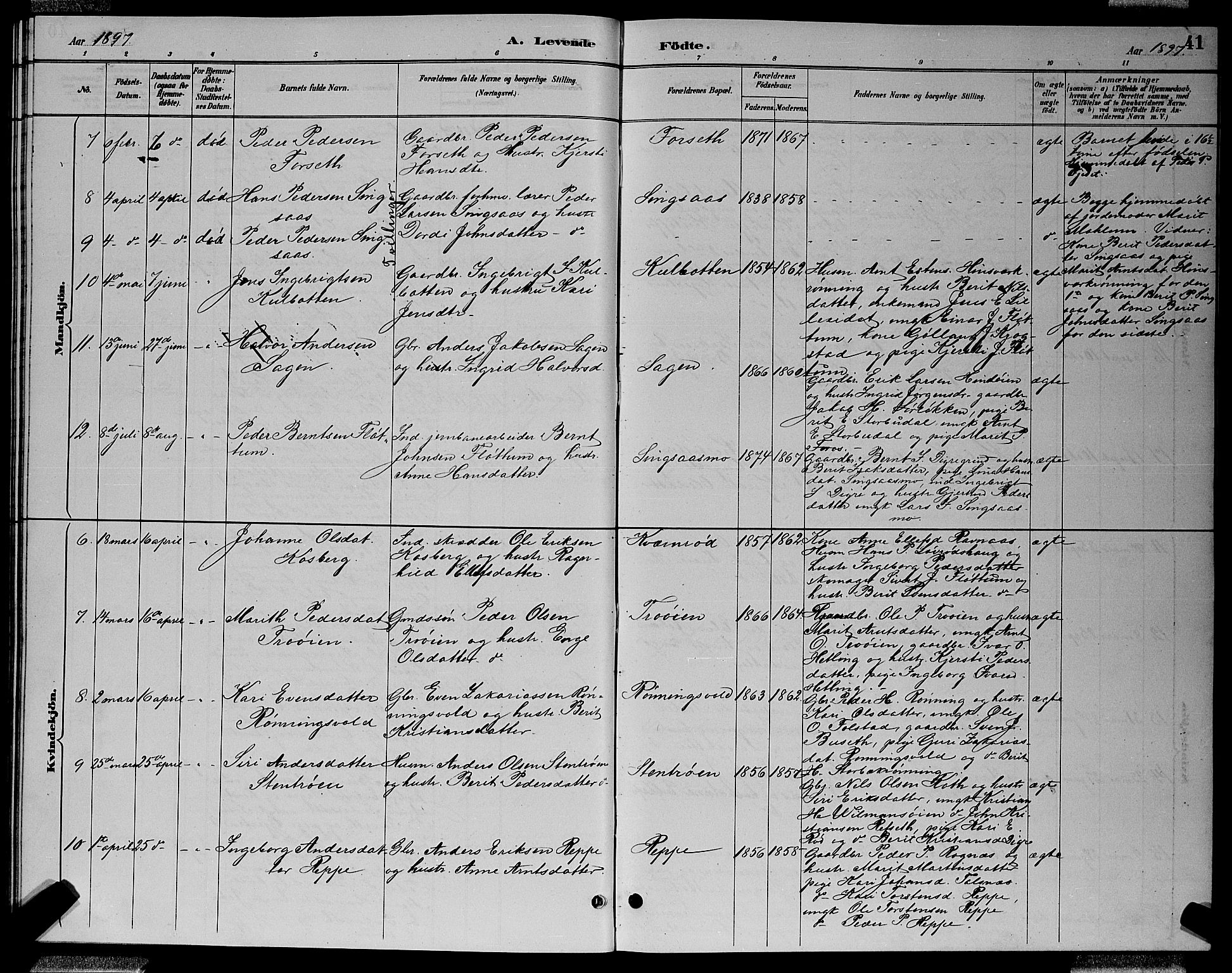 Ministerialprotokoller, klokkerbøker og fødselsregistre - Sør-Trøndelag, SAT/A-1456/688/L1028: Parish register (copy) no. 688C03, 1889-1899, p. 41