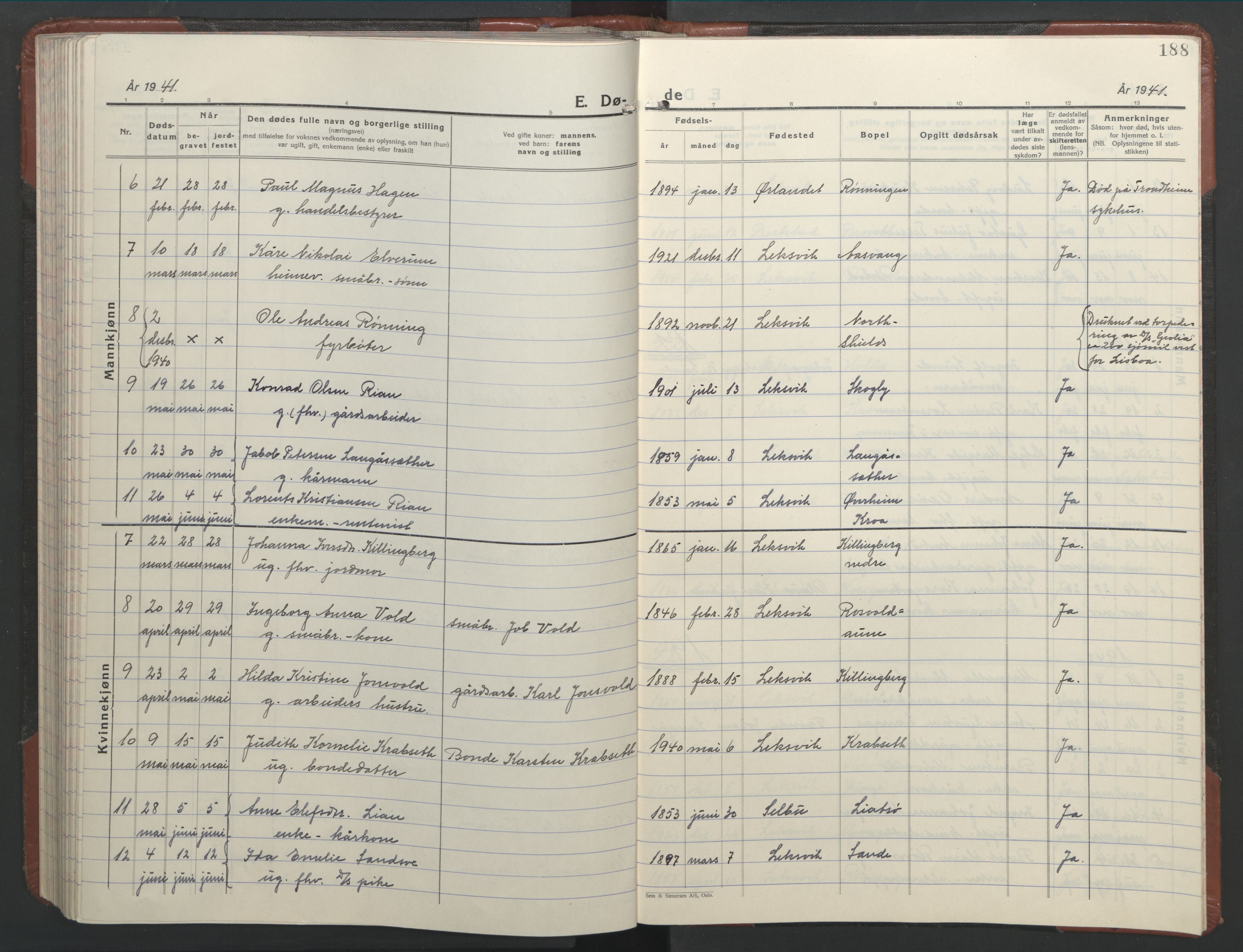 Ministerialprotokoller, klokkerbøker og fødselsregistre - Nord-Trøndelag, AV/SAT-A-1458/701/L0019: Parish register (copy) no. 701C03, 1930-1953, p. 188