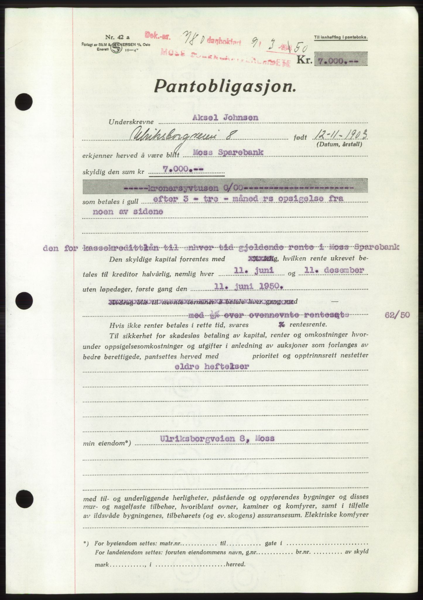 Moss sorenskriveri, SAO/A-10168: Mortgage book no. B23, 1949-1950, Diary no: : 780/1950