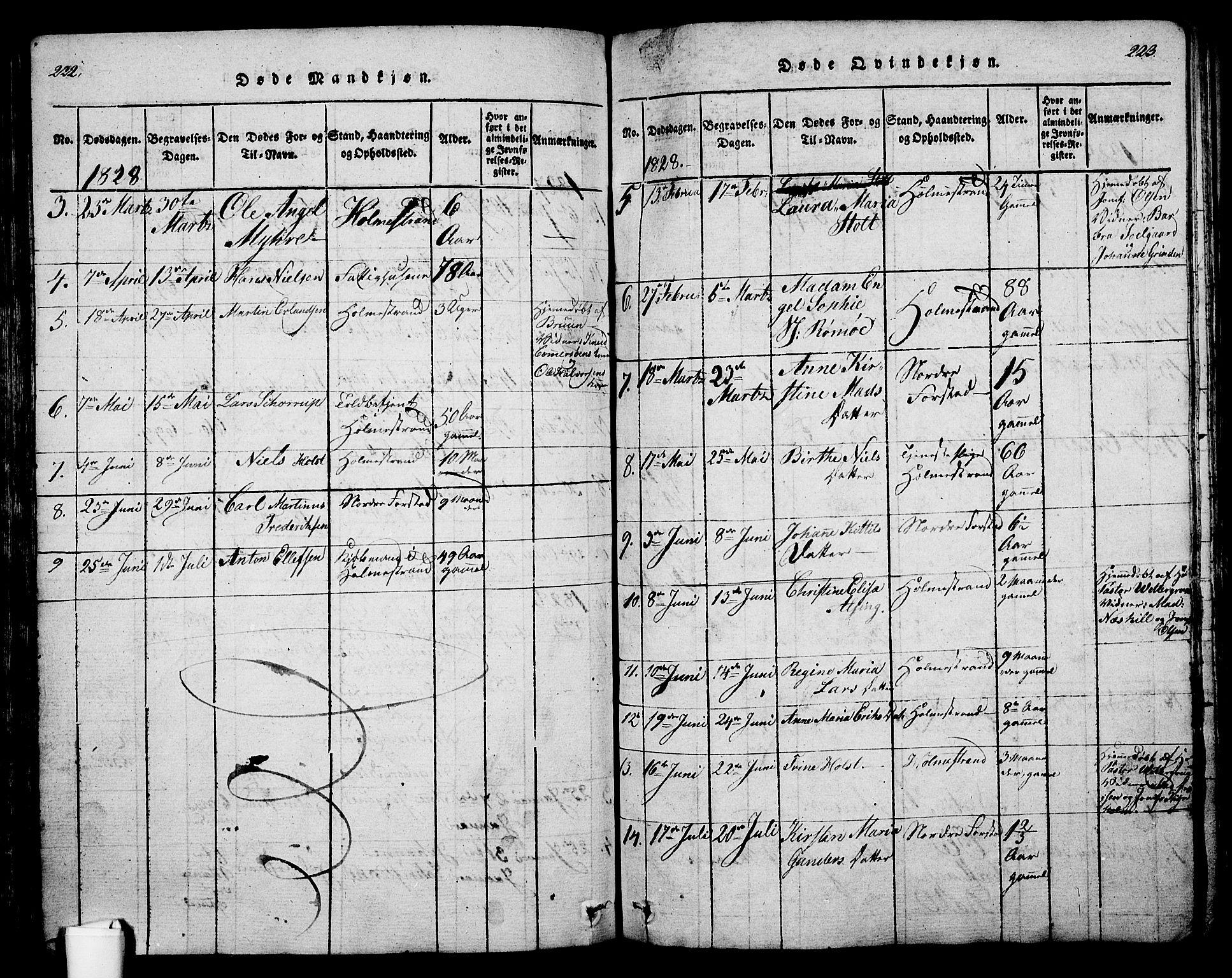 Holmestrand kirkebøker, SAKO/A-346/G/Ga/L0001: Parish register (copy) no. 1, 1814-1848, p. 222-223