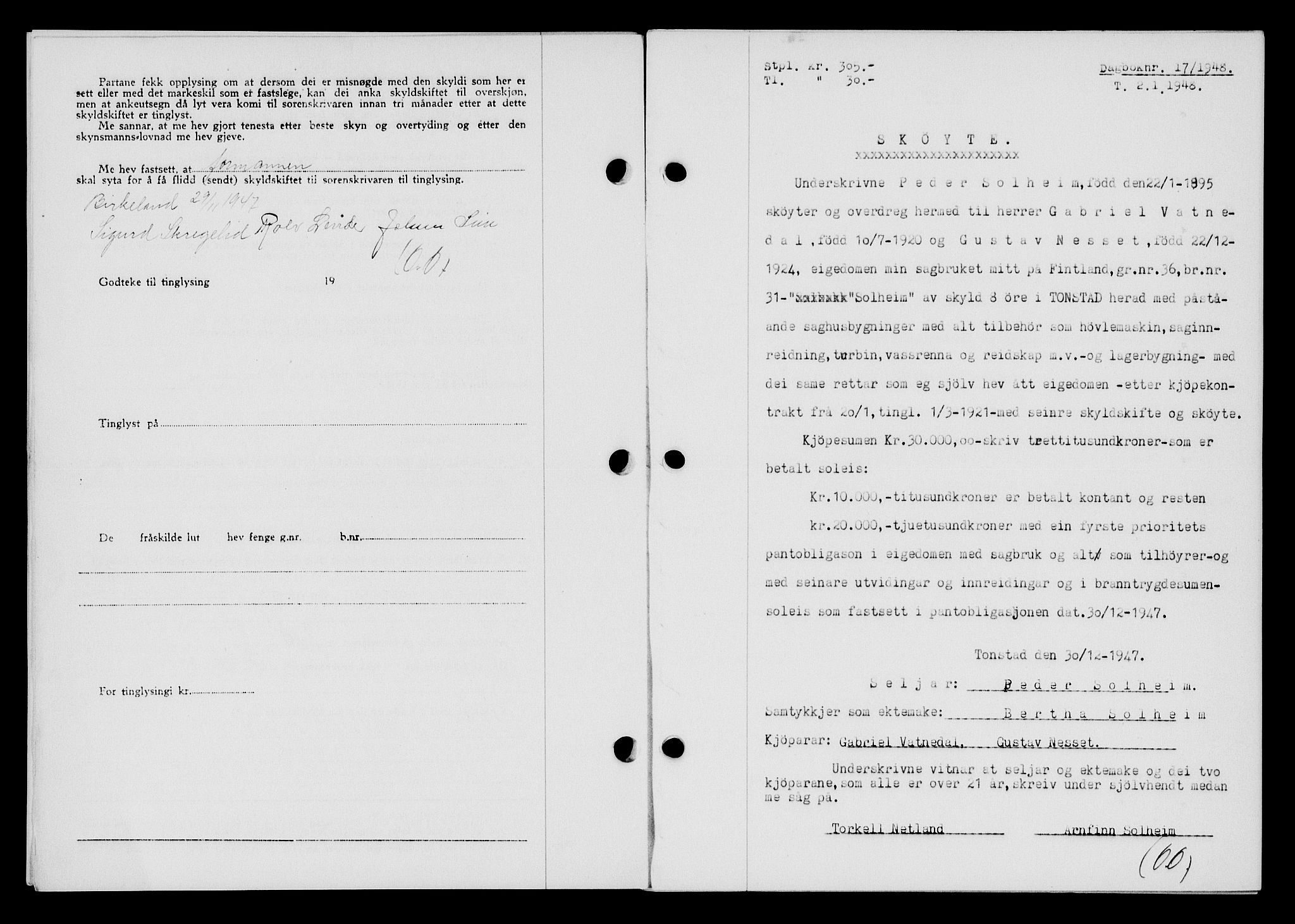 Flekkefjord sorenskriveri, AV/SAK-1221-0001/G/Gb/Gba/L0063: Mortgage book no. A-11, 1947-1948, Diary no: : 17/1948