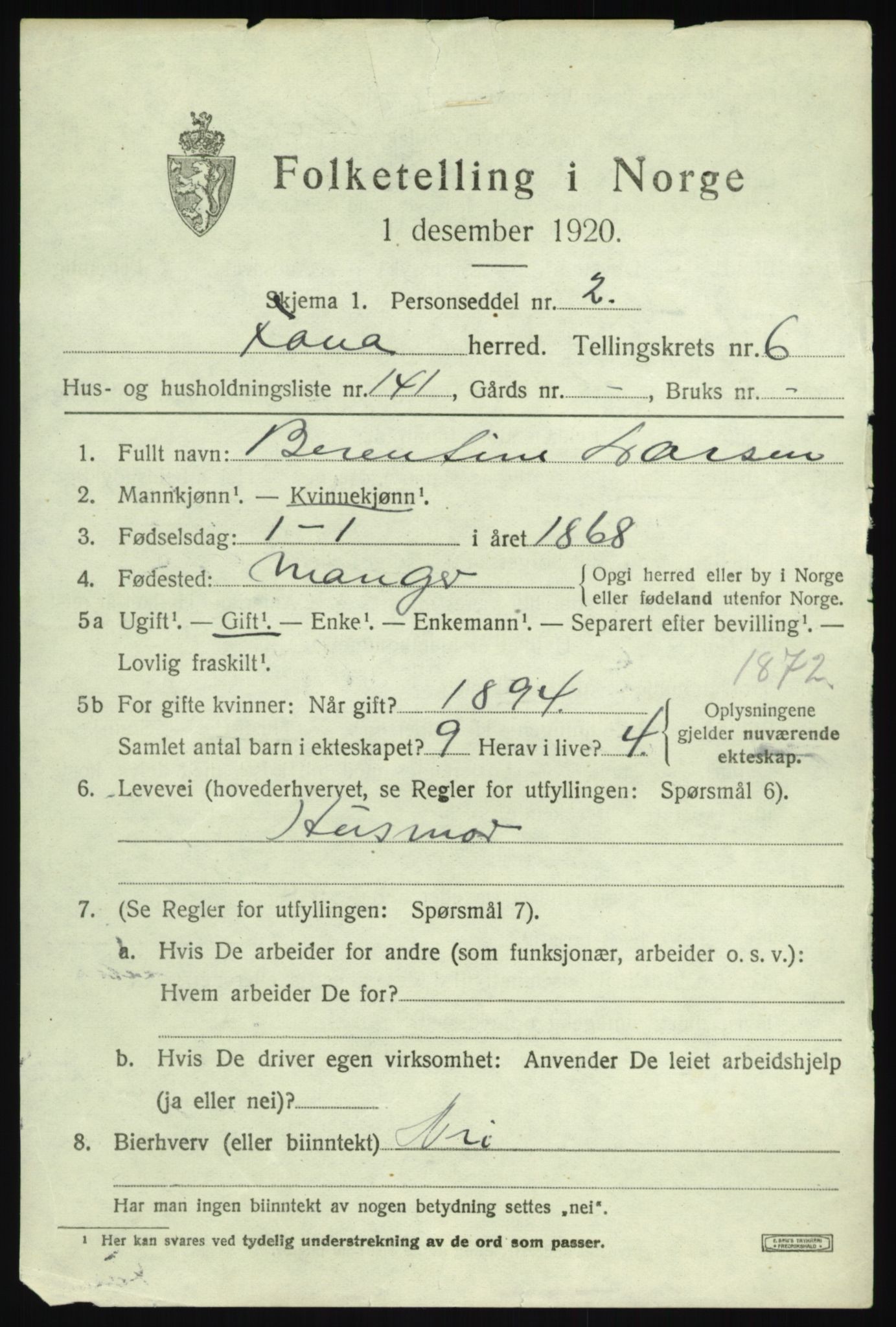 SAB, 1920 census for Fana, 1920, p. 12561