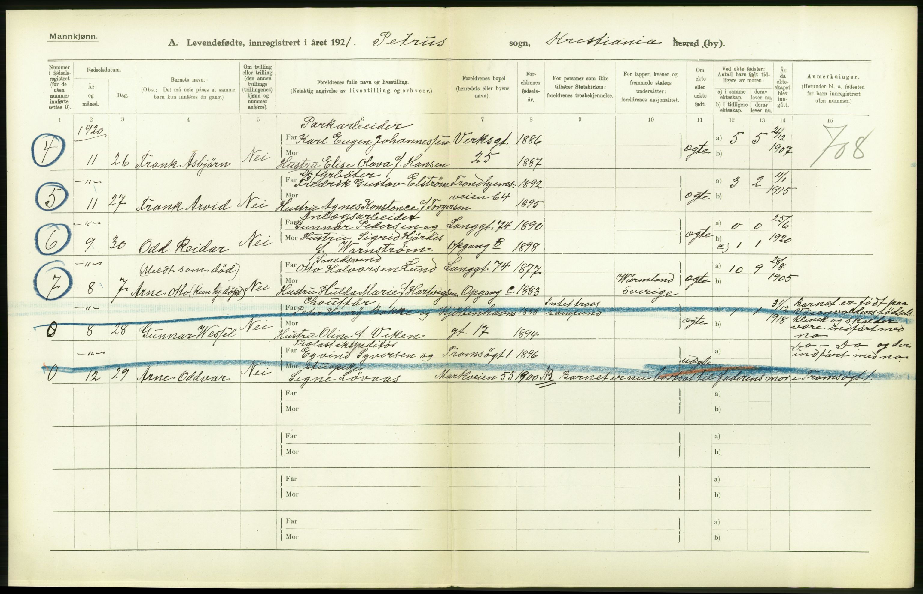 Statistisk sentralbyrå, Sosiodemografiske emner, Befolkning, AV/RA-S-2228/D/Df/Dfc/Dfca/L0008: Kristiania: Levendefødte menn og kvinner., 1921, p. 52