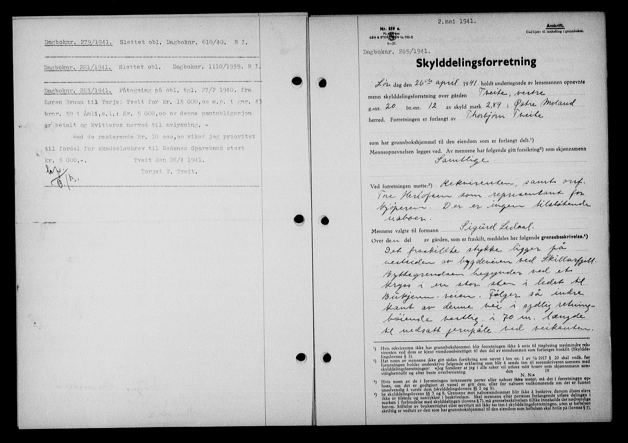 Nedenes sorenskriveri, AV/SAK-1221-0006/G/Gb/Gba/L0048: Mortgage book no. A-II, 1940-1941, Diary no: : 285/1941