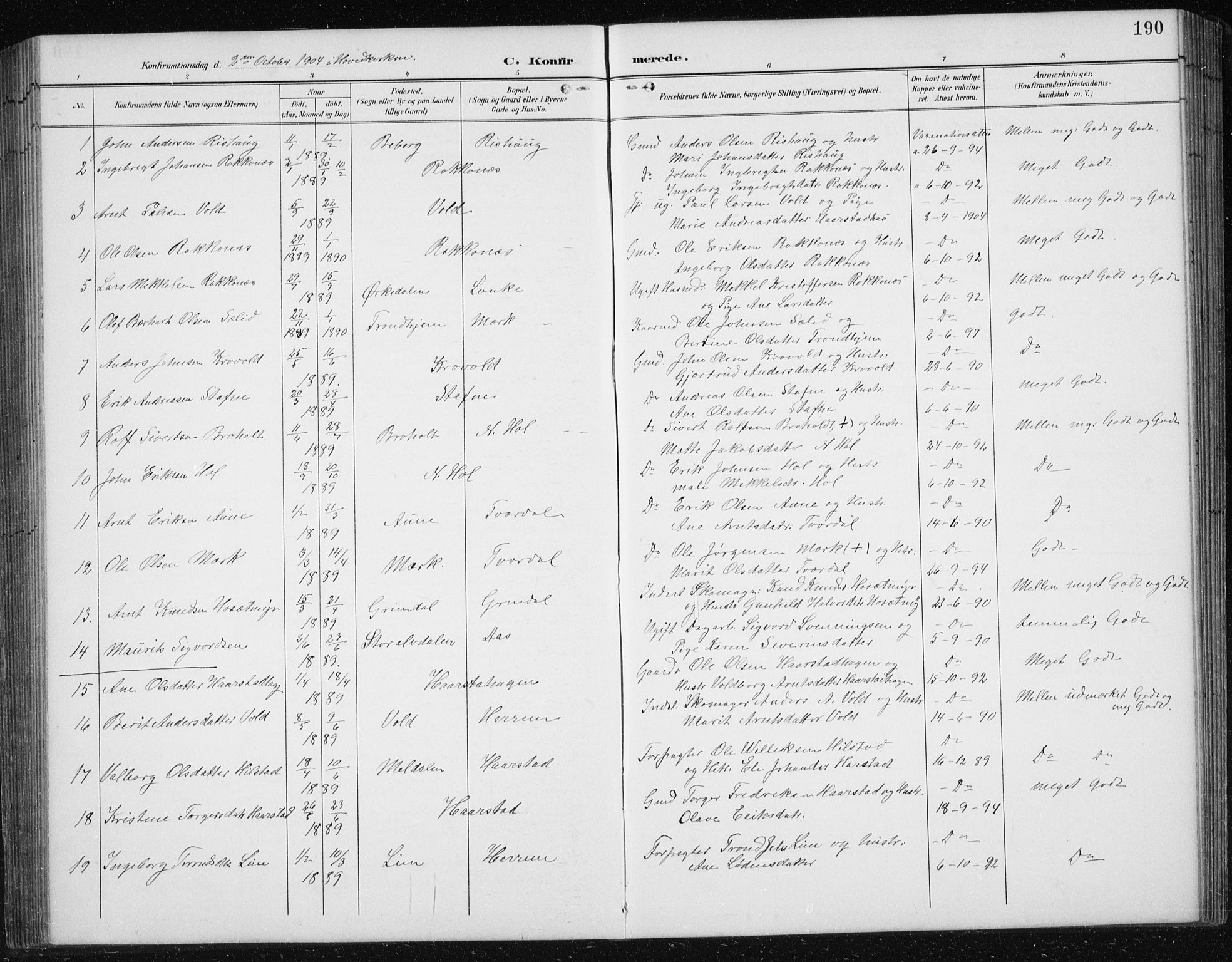 Ministerialprotokoller, klokkerbøker og fødselsregistre - Sør-Trøndelag, SAT/A-1456/674/L0876: Parish register (copy) no. 674C03, 1892-1912, p. 190