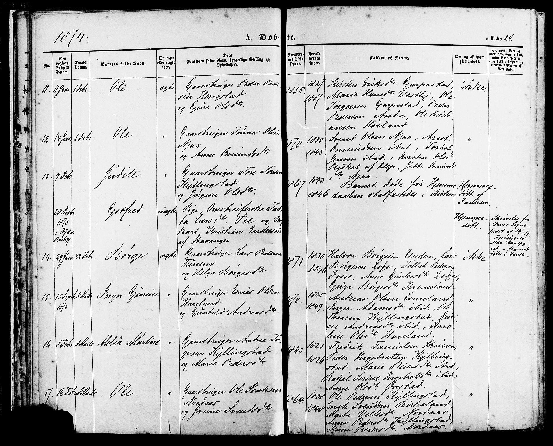 Lye sokneprestkontor, AV/SAST-A-101794/001/30BA/L0008: Parish register (official) no. A 7, 1872-1881, p. 24