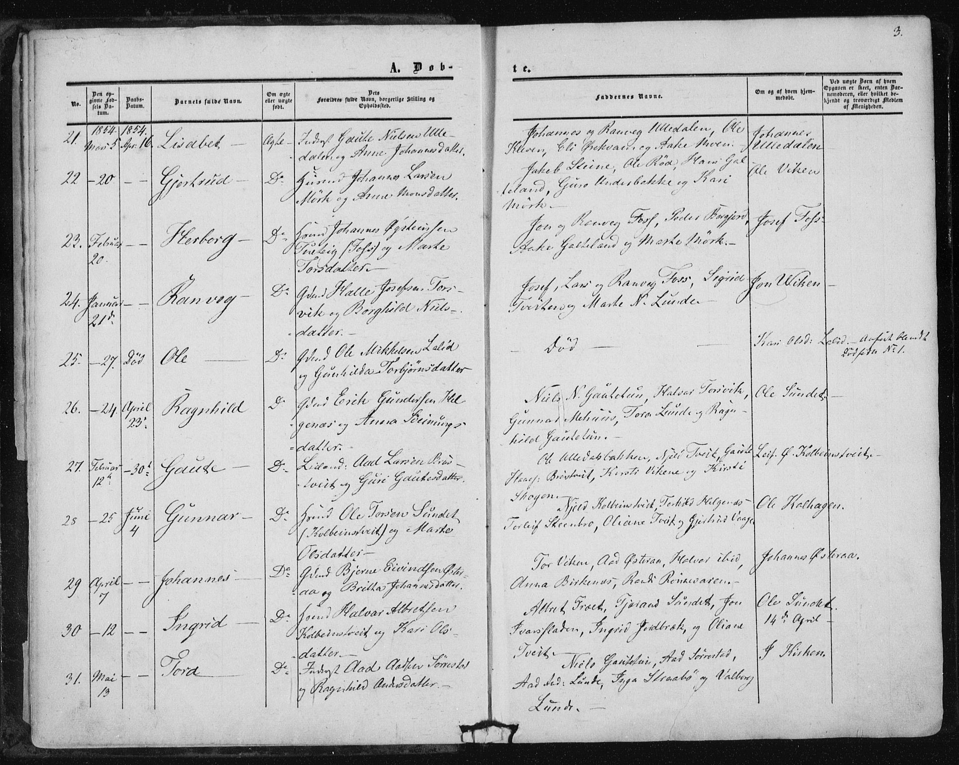 Suldal sokneprestkontor, AV/SAST-A-101845/01/IV/L0009: Parish register (official) no. A 9, 1854-1868, p. 3