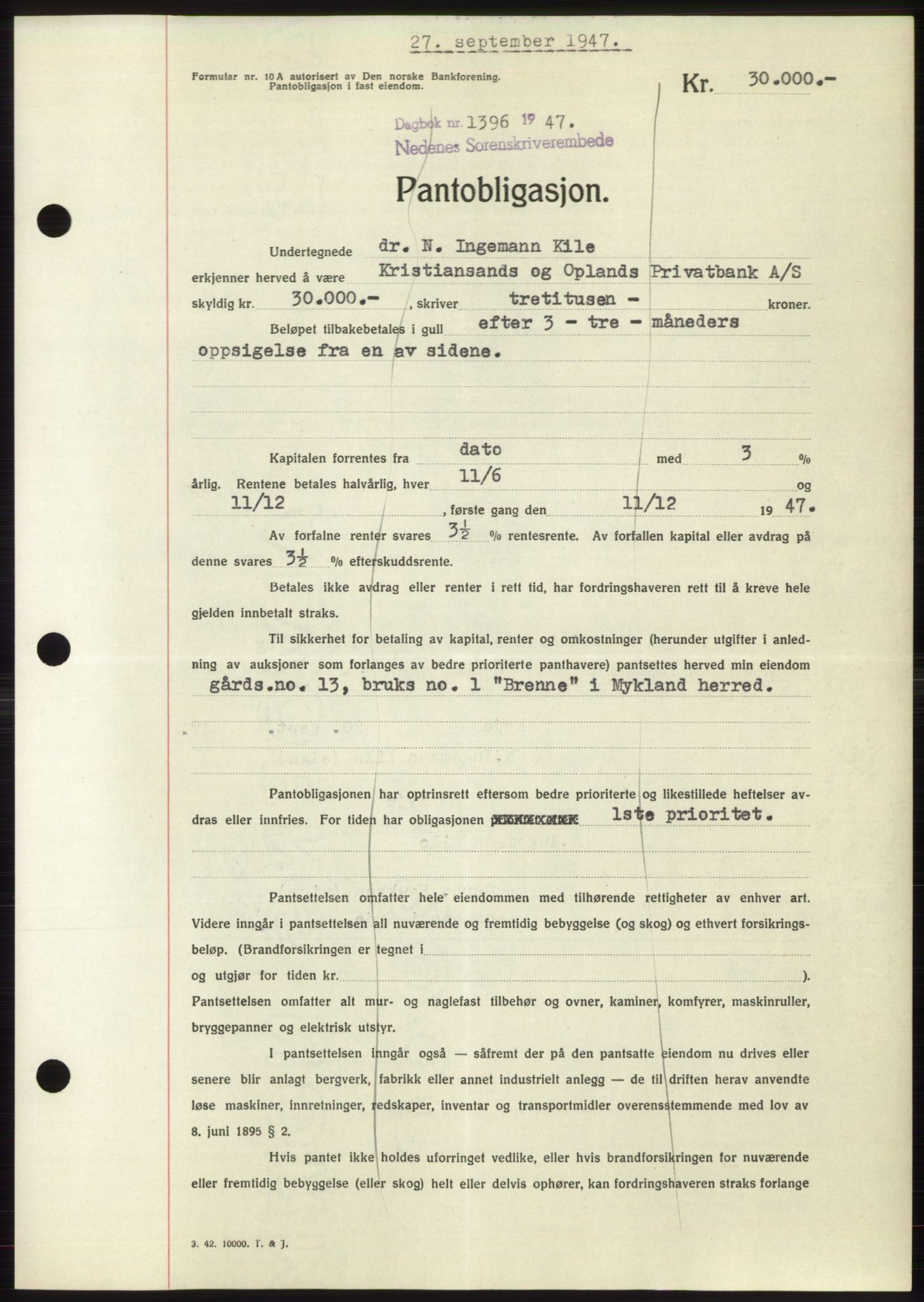 Nedenes sorenskriveri, AV/SAK-1221-0006/G/Gb/Gbb/L0004: Mortgage book no. B4, 1947-1947, Diary no: : 1396/1947