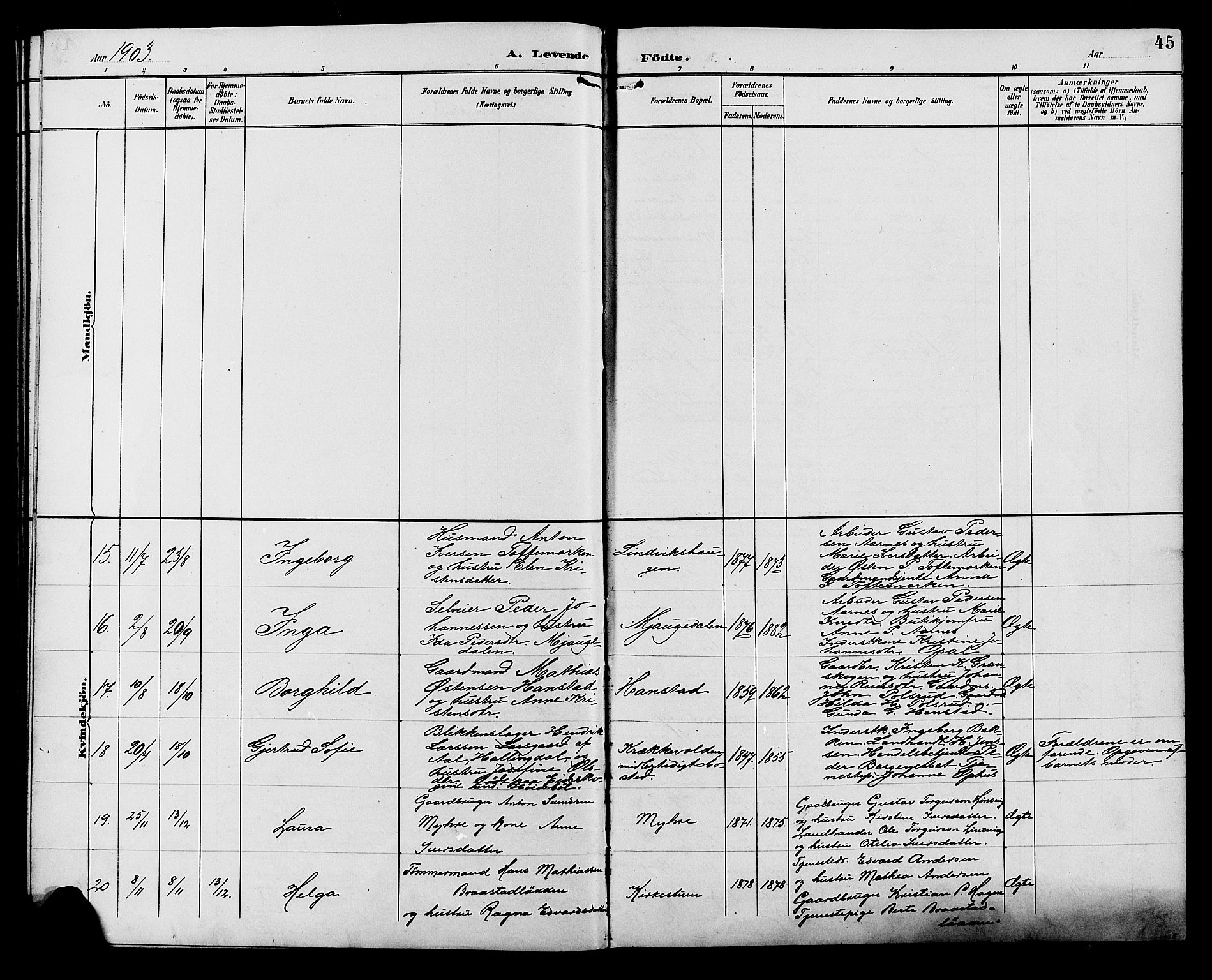 Ringebu prestekontor, SAH/PREST-082/H/Ha/Hab/L0007: Parish register (copy) no. 7, 1890-1910, p. 45