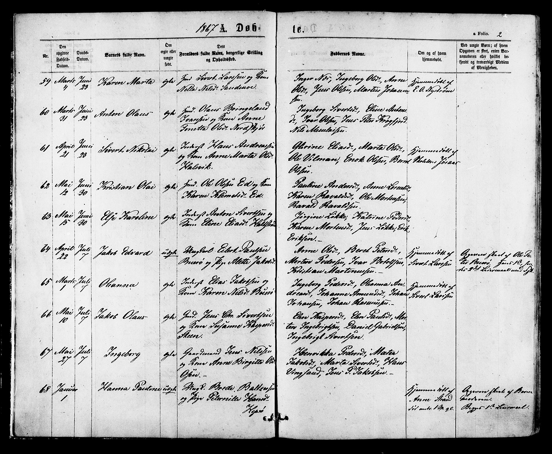 Ministerialprotokoller, klokkerbøker og fødselsregistre - Sør-Trøndelag, AV/SAT-A-1456/657/L0706: Parish register (official) no. 657A07, 1867-1878, p. 2