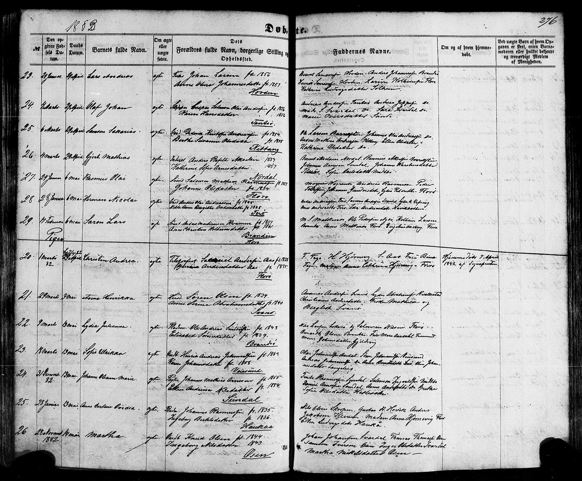 Kinn sokneprestembete, SAB/A-80801/H/Haa/Haaa/L0006: Parish register (official) no. A 6, 1857-1885, p. 276
