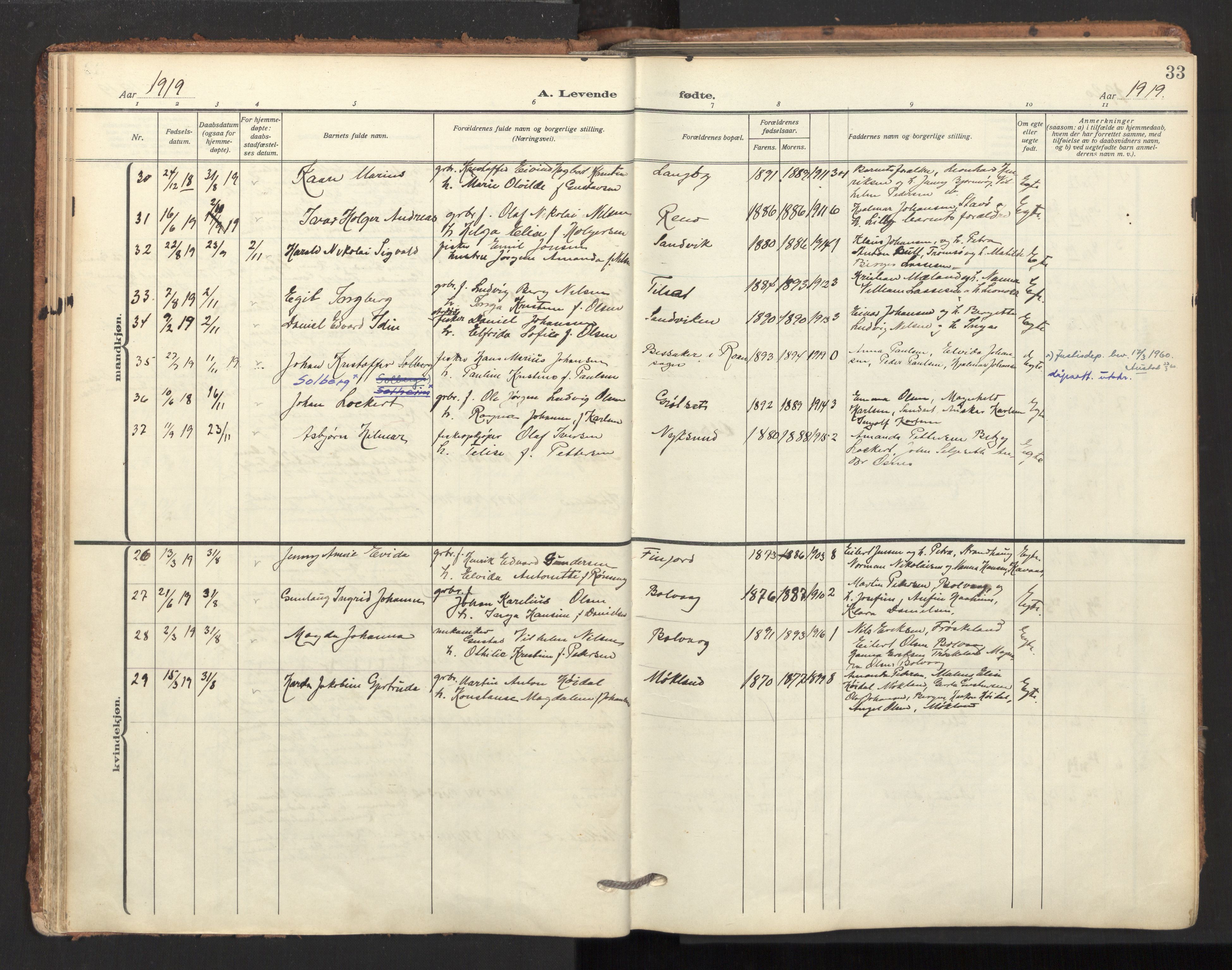 Ministerialprotokoller, klokkerbøker og fødselsregistre - Nordland, SAT/A-1459/893/L1343: Parish register (official) no. 893A15, 1914-1928, p. 33