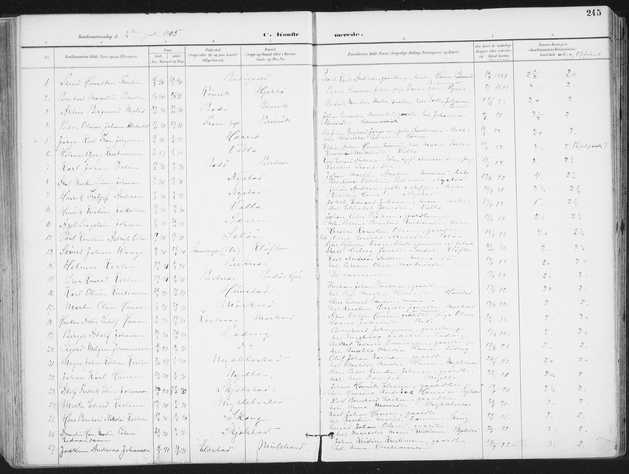 Ministerialprotokoller, klokkerbøker og fødselsregistre - Nordland, SAT/A-1459/802/L0055: Parish register (official) no. 802A02, 1894-1915, p. 245
