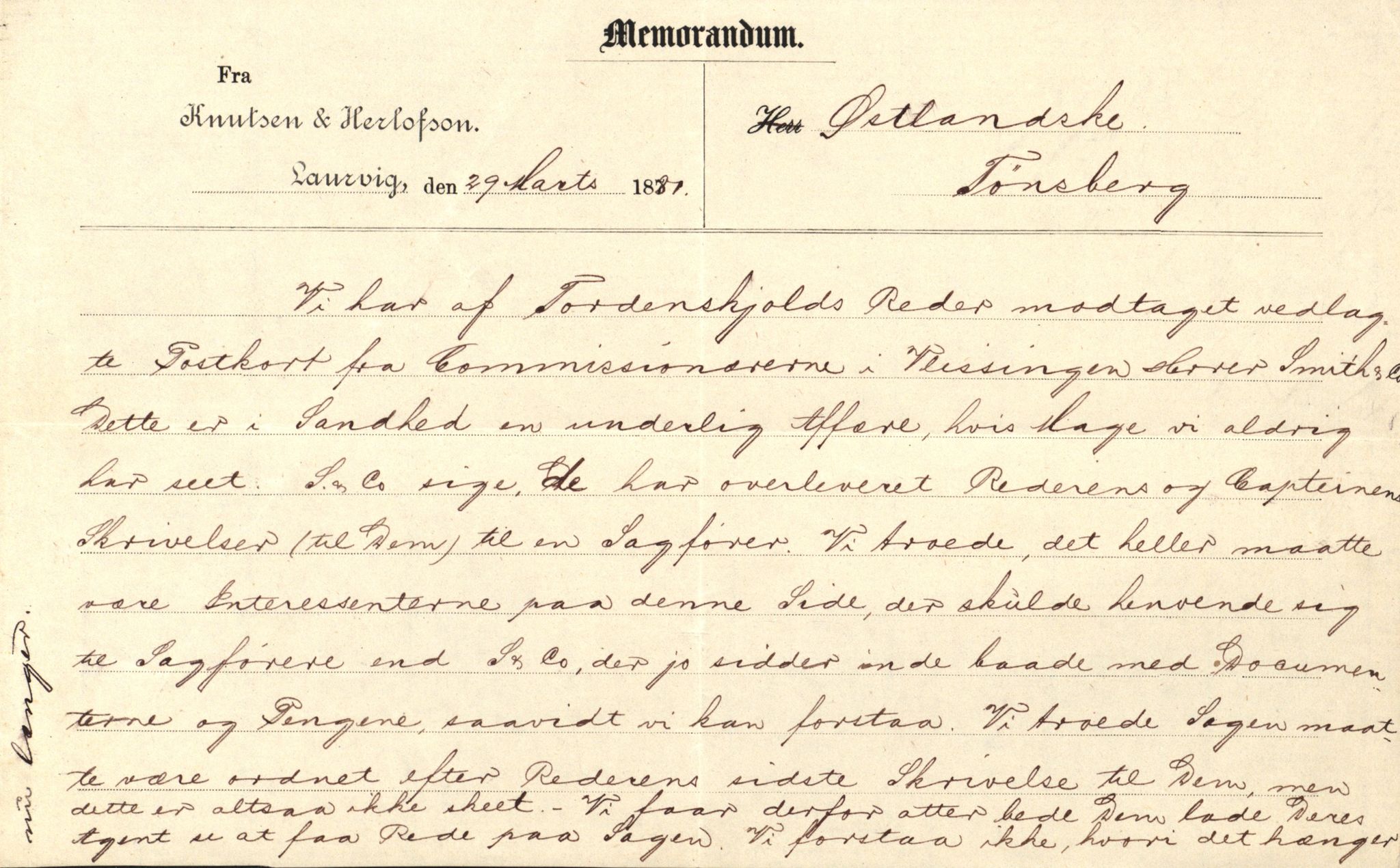 Pa 63 - Østlandske skibsassuranceforening, VEMU/A-1079/G/Ga/L0012/0005: Havaridokumenter / Tordenskjold af Bergen, 1880