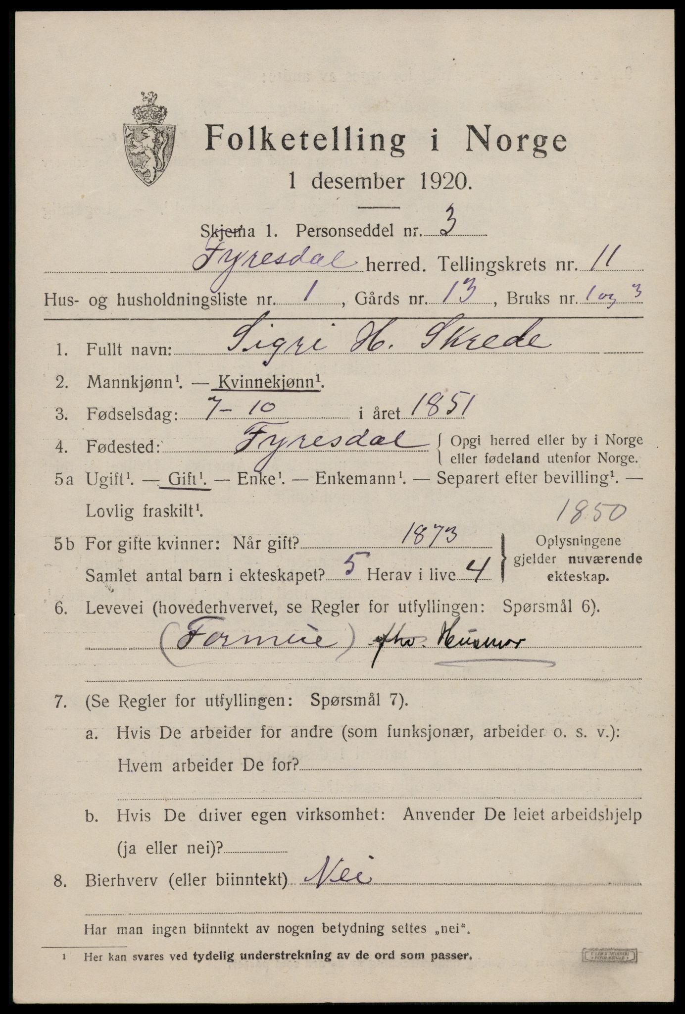 SAKO, 1920 census for Fyresdal, 1920, p. 4033