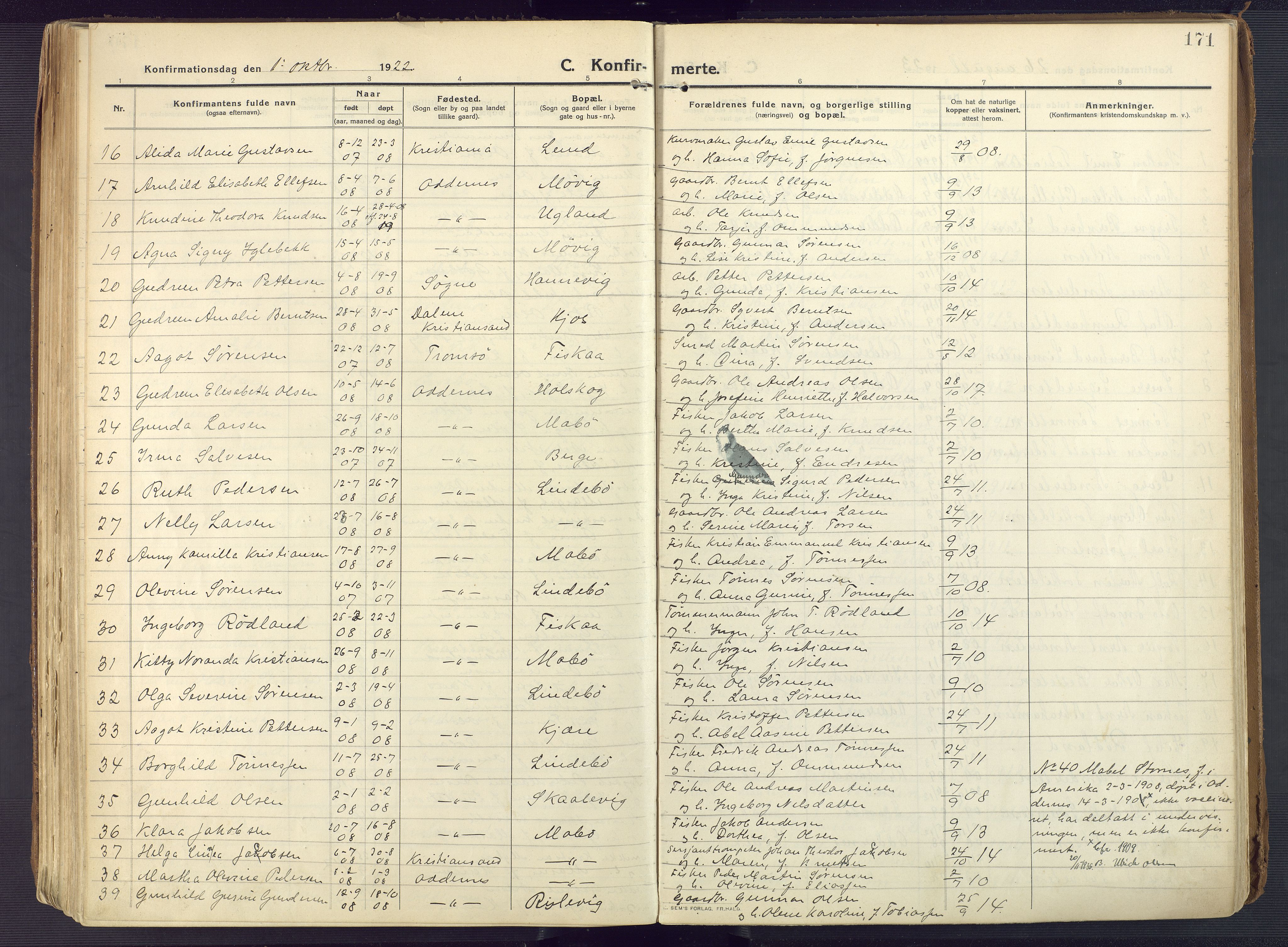 Oddernes sokneprestkontor, AV/SAK-1111-0033/F/Fa/Faa/L0012: Parish register (official) no. A 12, 1912-1925, p. 171