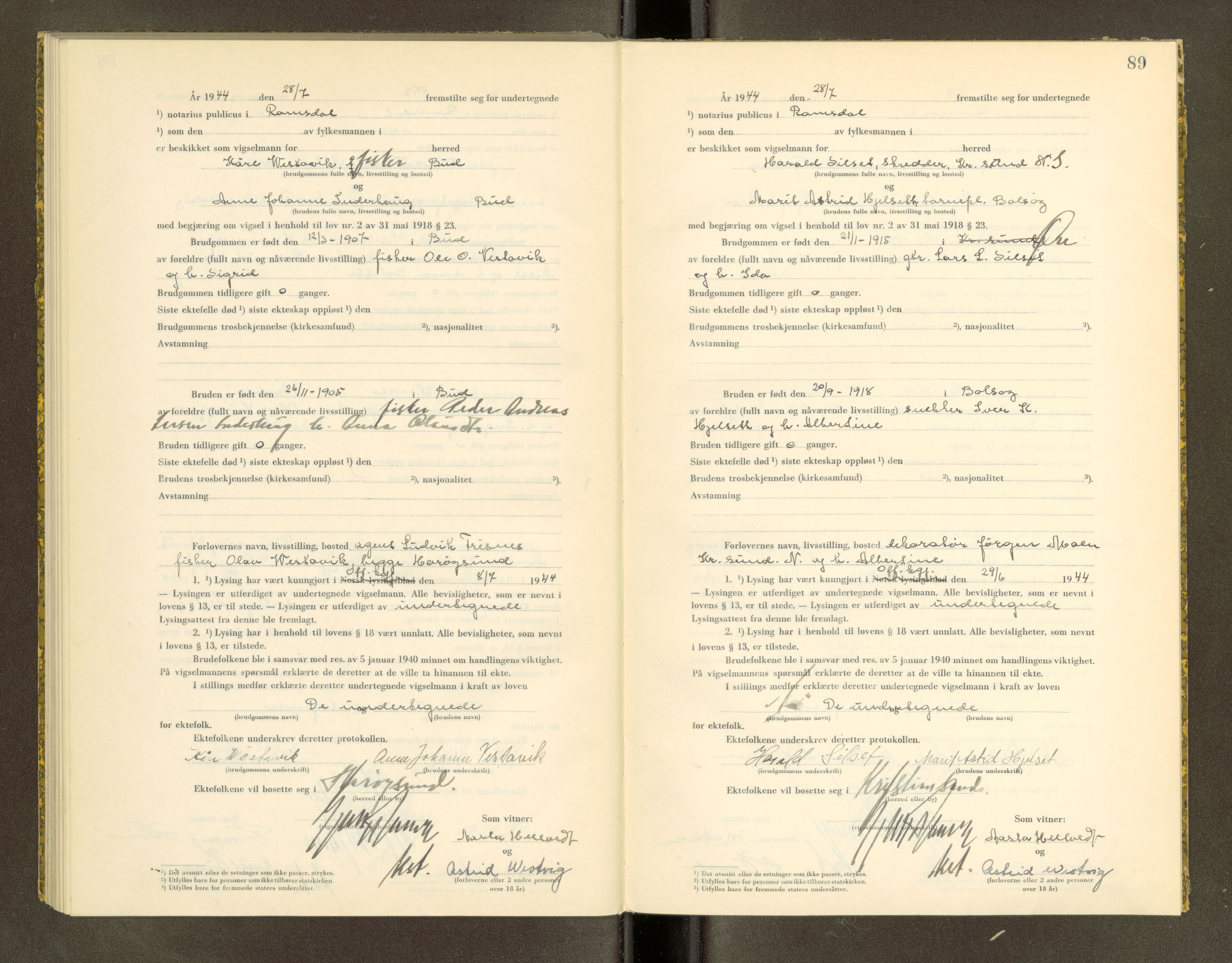 Romsdal sorenskriveri, AV/SAT-A-4149/1/6/6D/L0007: Vigselbok, 1943-1944, p. 89
