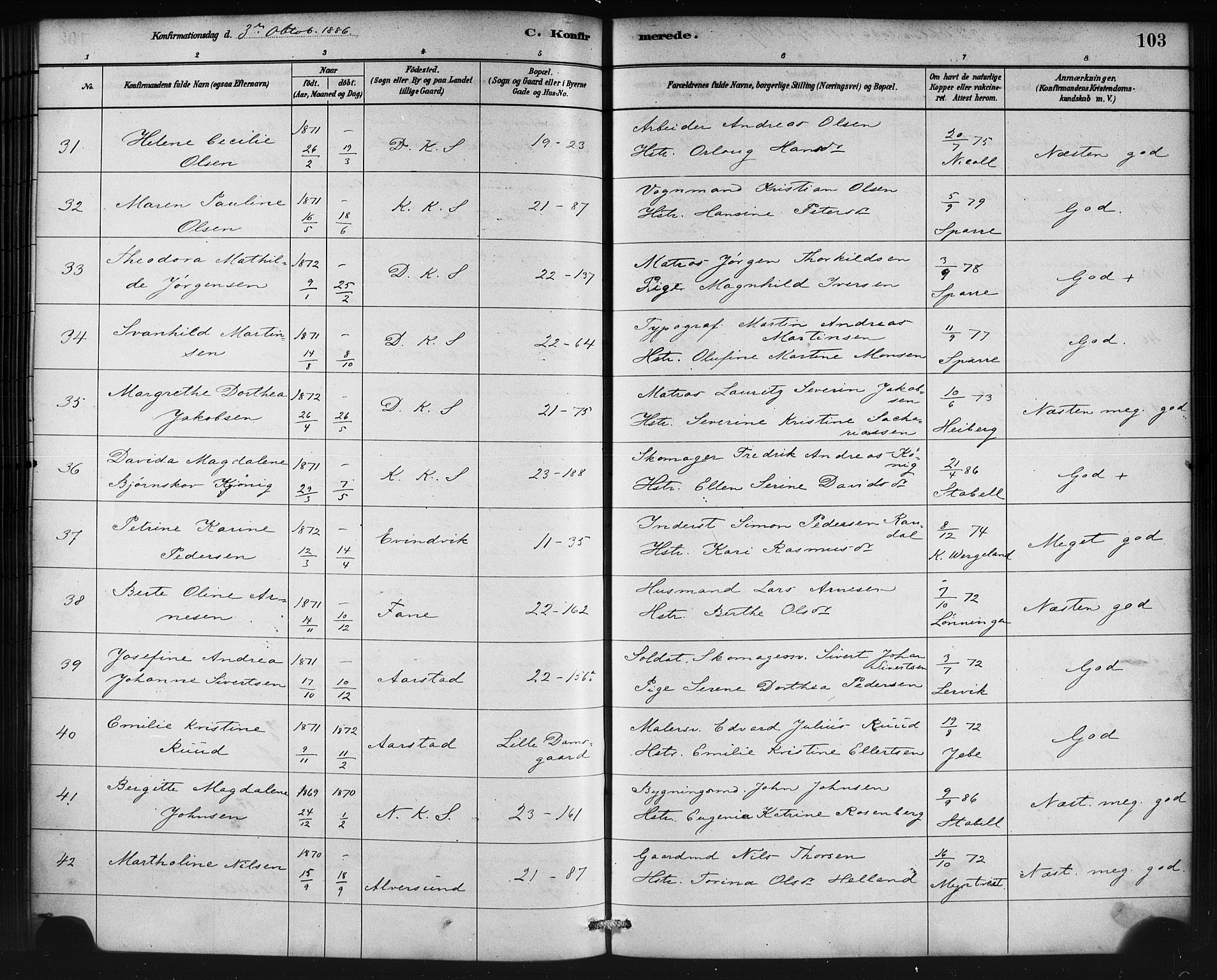 Korskirken sokneprestembete, AV/SAB-A-76101/H/Haa/L0029: Parish register (official) no. C 5, 1880-1892, p. 103