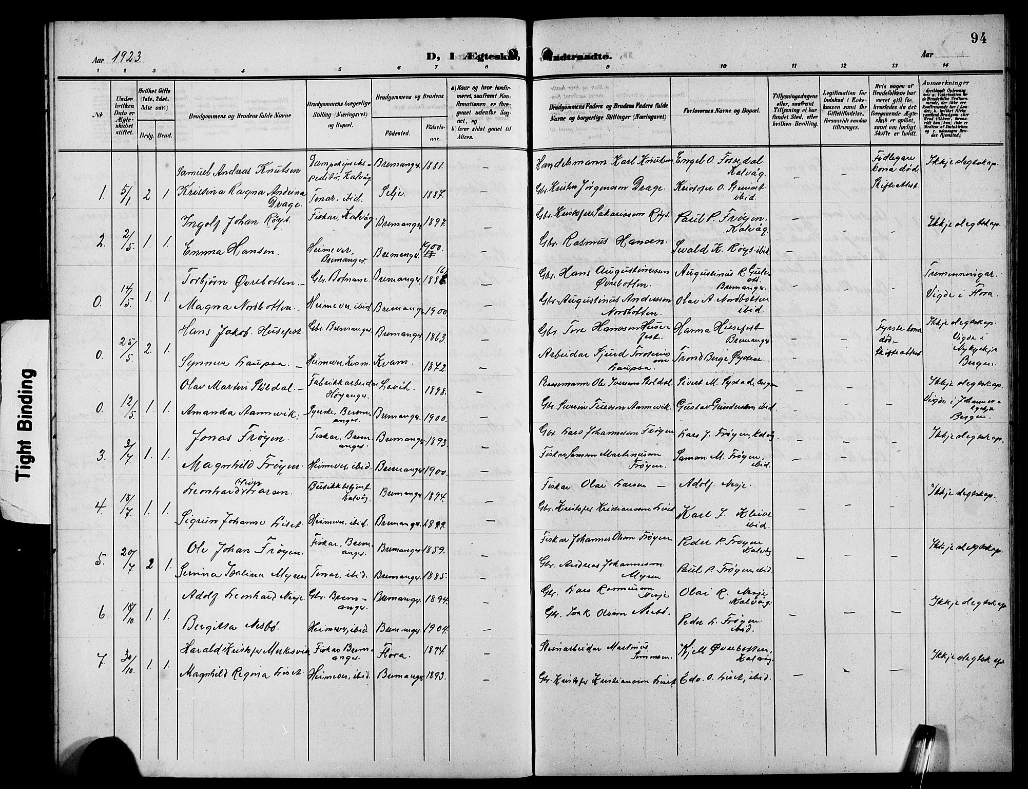 Bremanger sokneprestembete, SAB/A-82201/H/Hab/Habb/L0001: Parish register (copy) no. B 1, 1906-1925, p. 94
