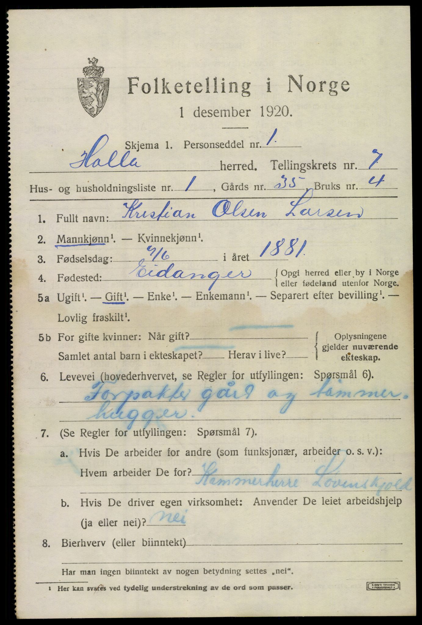 SAKO, 1920 census for Holla, 1920, p. 4911