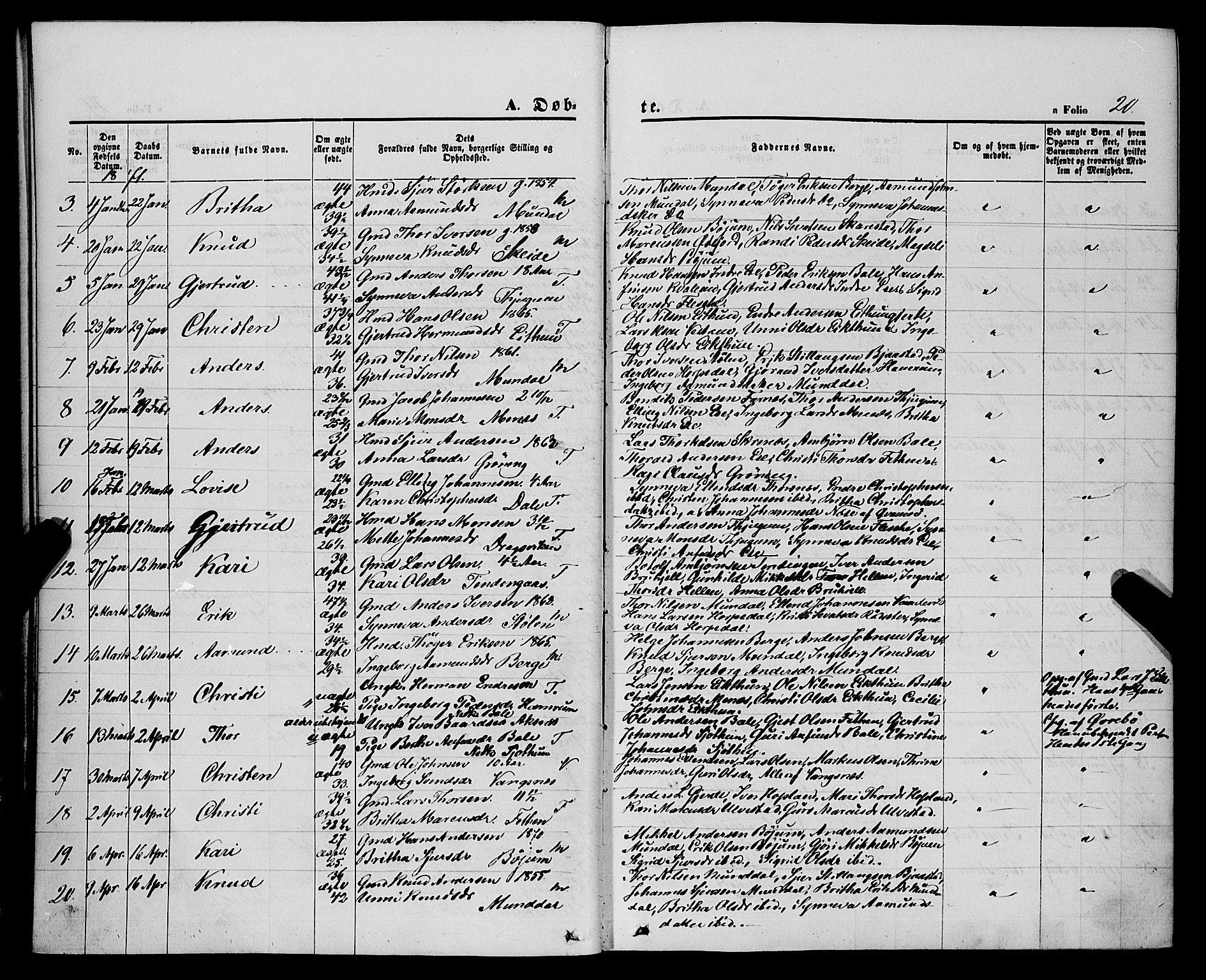 Balestrand sokneprestembete, AV/SAB-A-79601/H/Haa/Haaa/L0003: Parish register (official) no. A 3, 1867-1878, p. 20