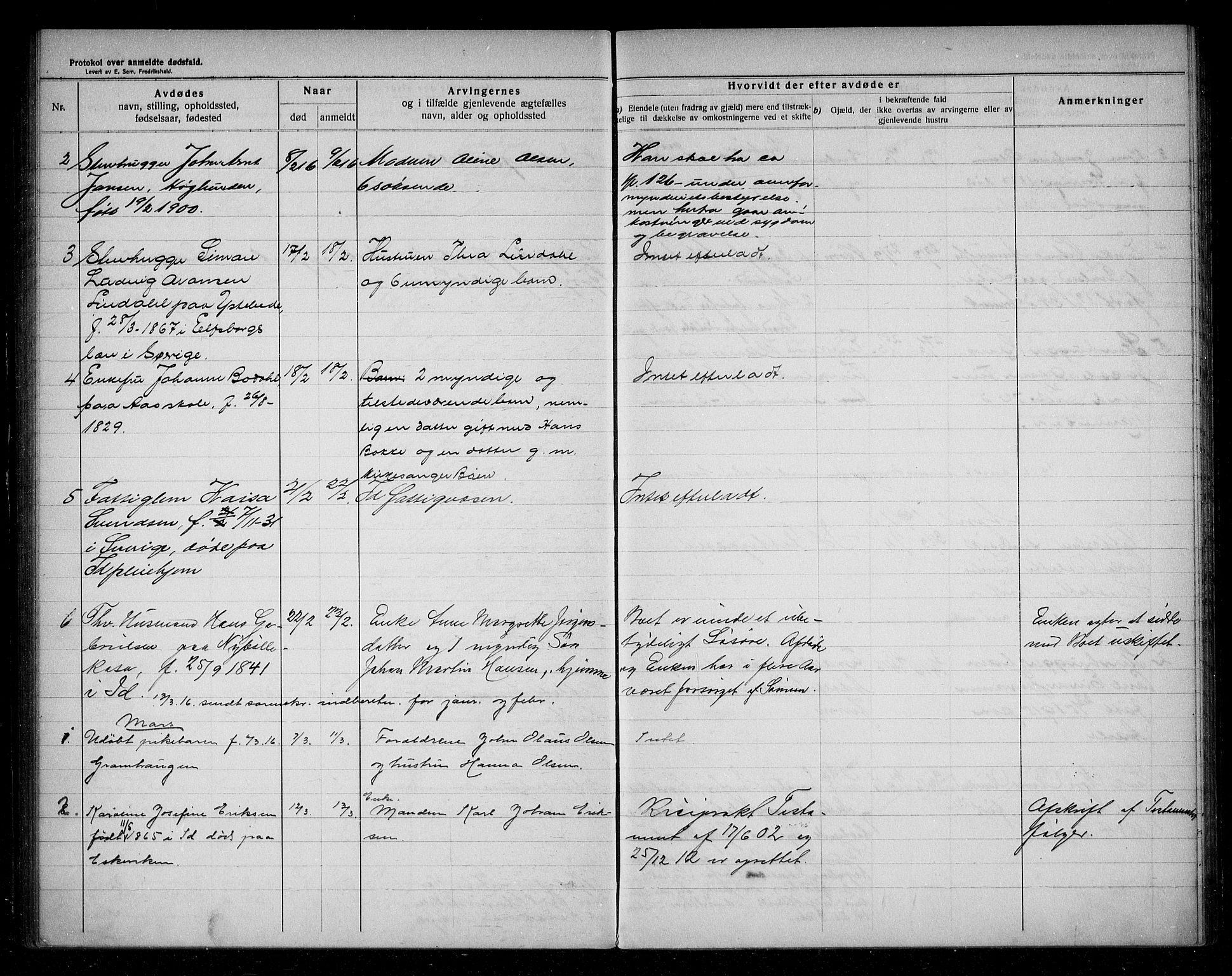 Idd lensmannsarkiv, AV/SAO-A-10633/H/Ha/L0003: Dødsfallsprotokoll, 1911-1920