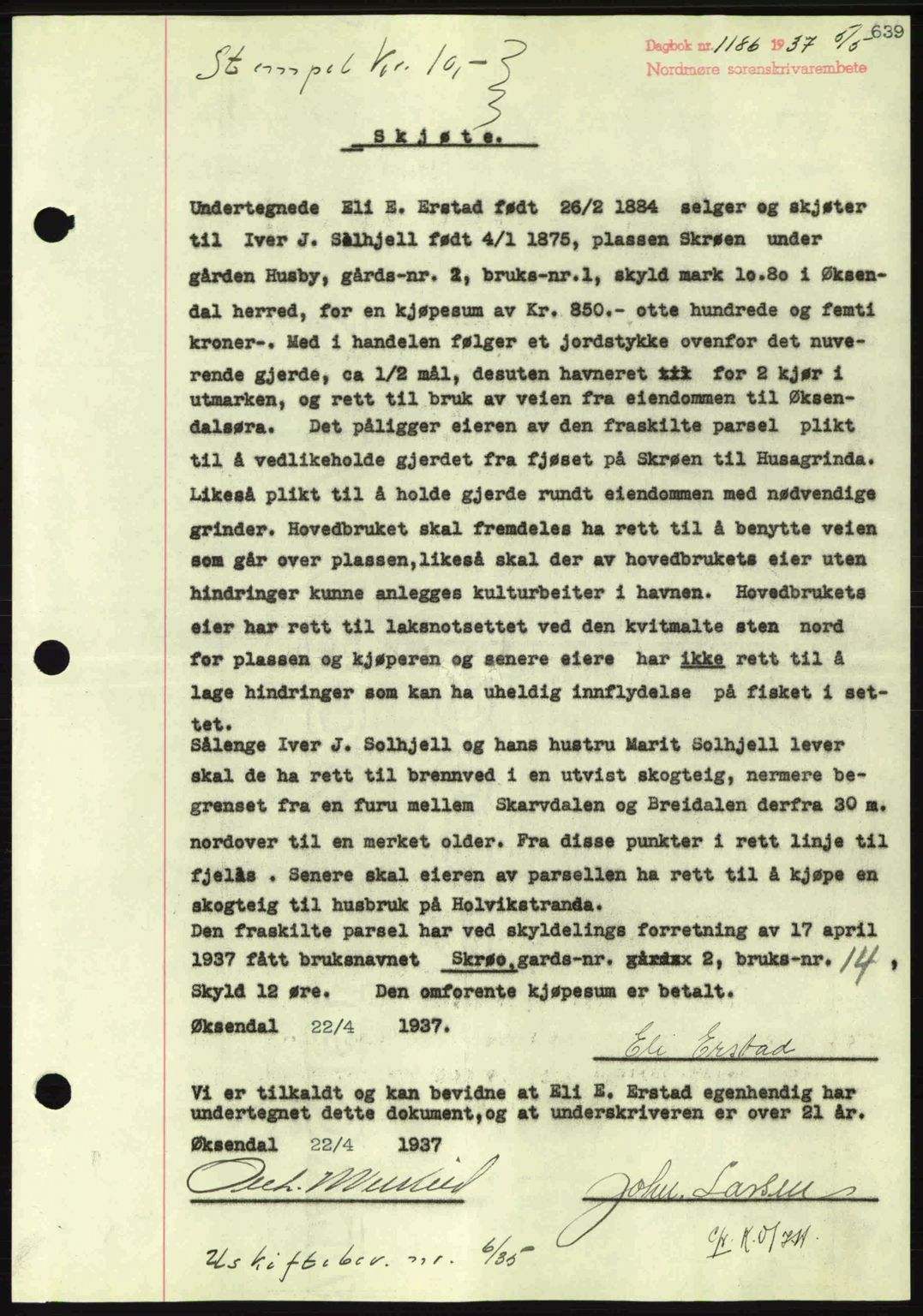 Nordmøre sorenskriveri, AV/SAT-A-4132/1/2/2Ca: Mortgage book no. A81, 1937-1937, Diary no: : 1186/1937