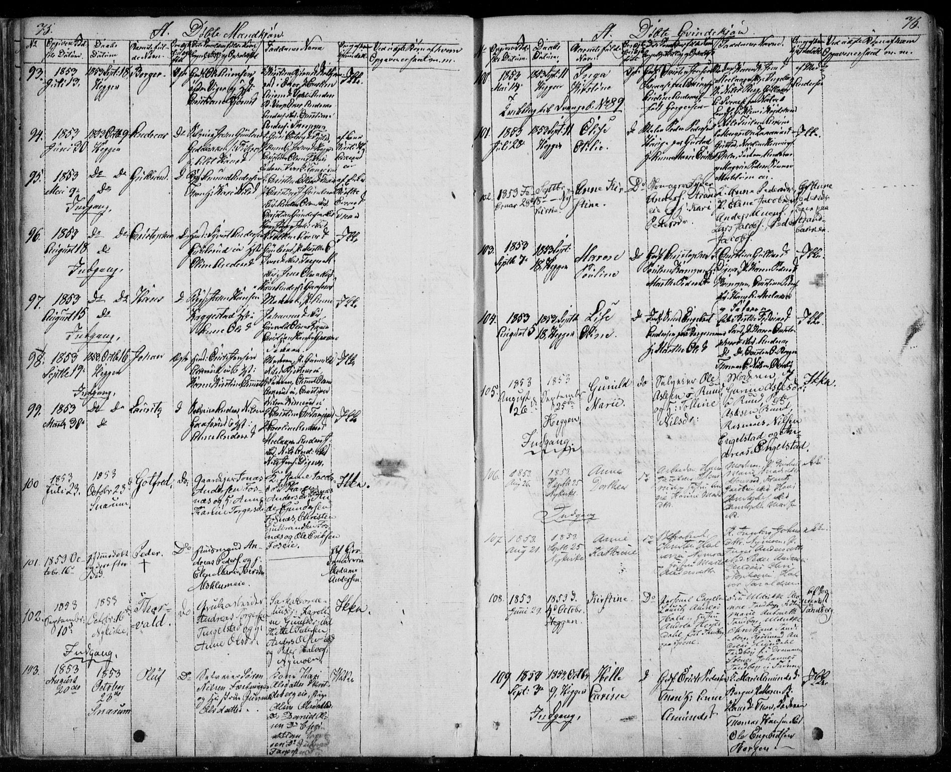 Modum kirkebøker, AV/SAKO-A-234/F/Fa/L0008: Parish register (official) no. 8, 1851-1859, p. 75-76