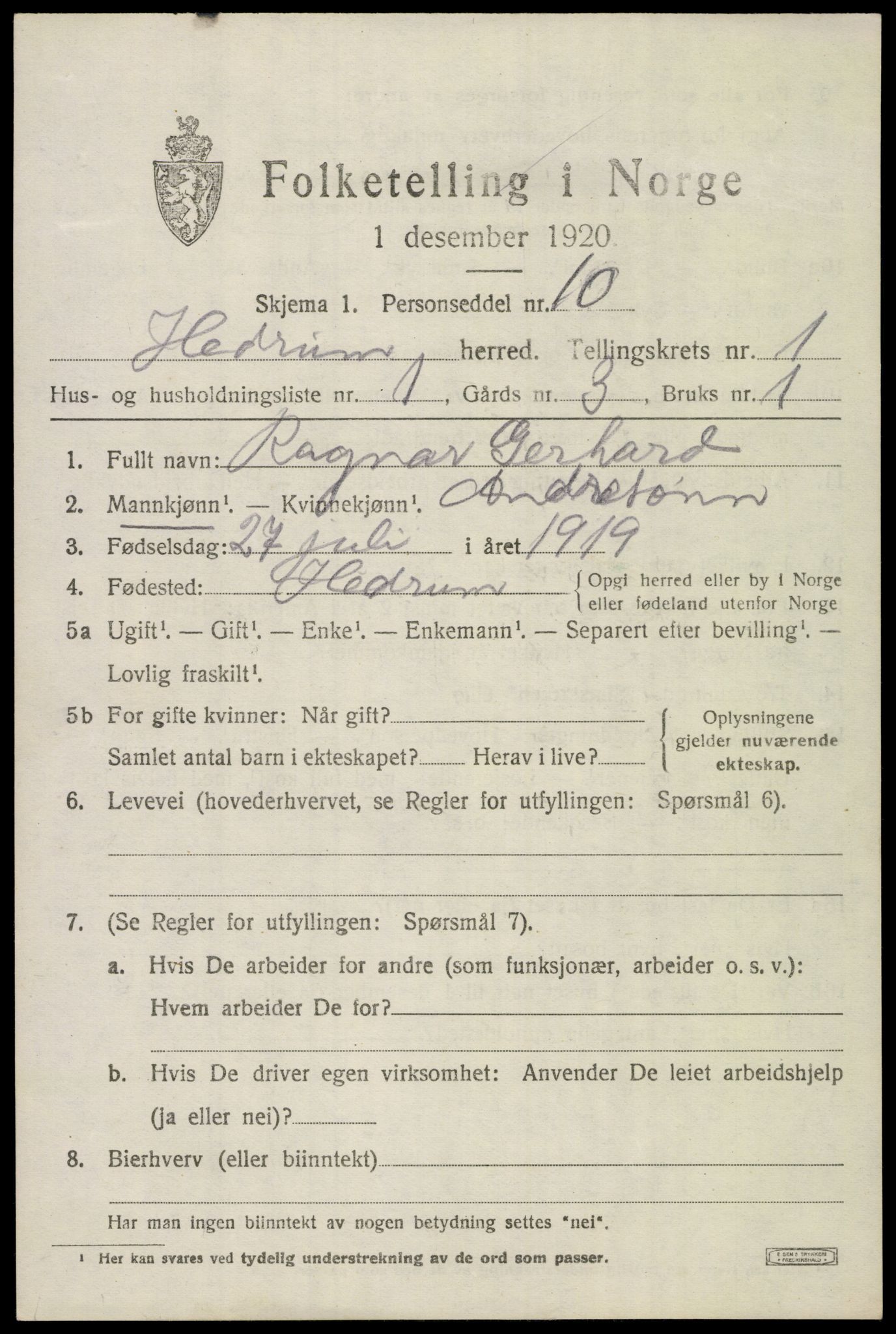 SAKO, 1920 census for Hedrum, 1920, p. 1805