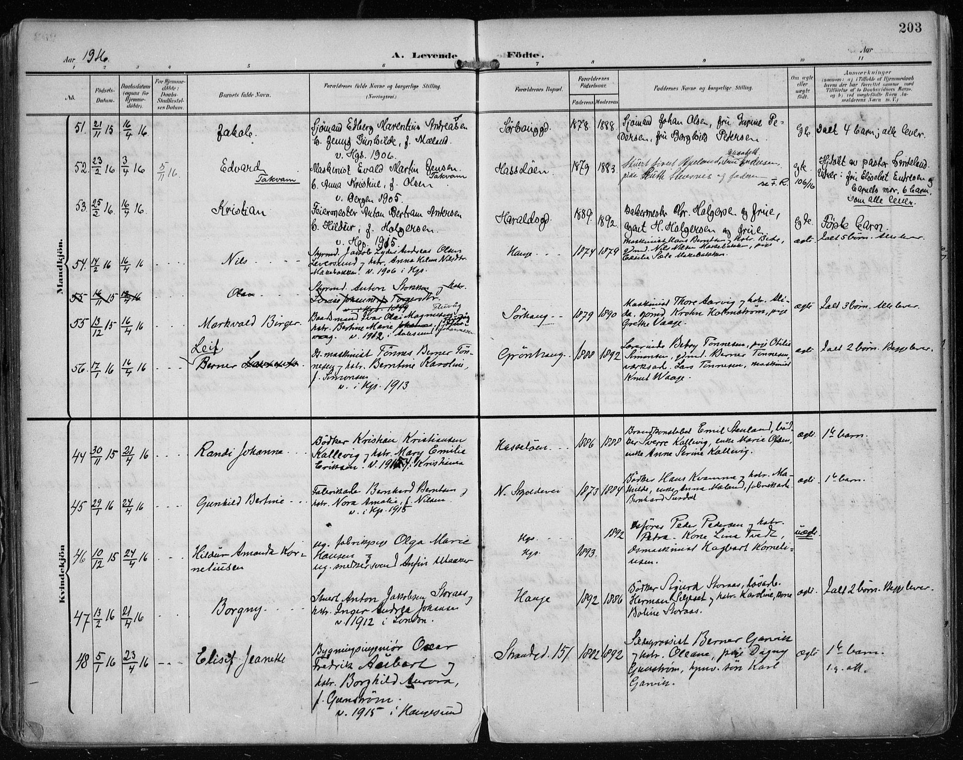 Haugesund sokneprestkontor, AV/SAST-A -101863/H/Ha/Haa/L0008: Parish register (official) no. A 8, 1908-1921, p. 203