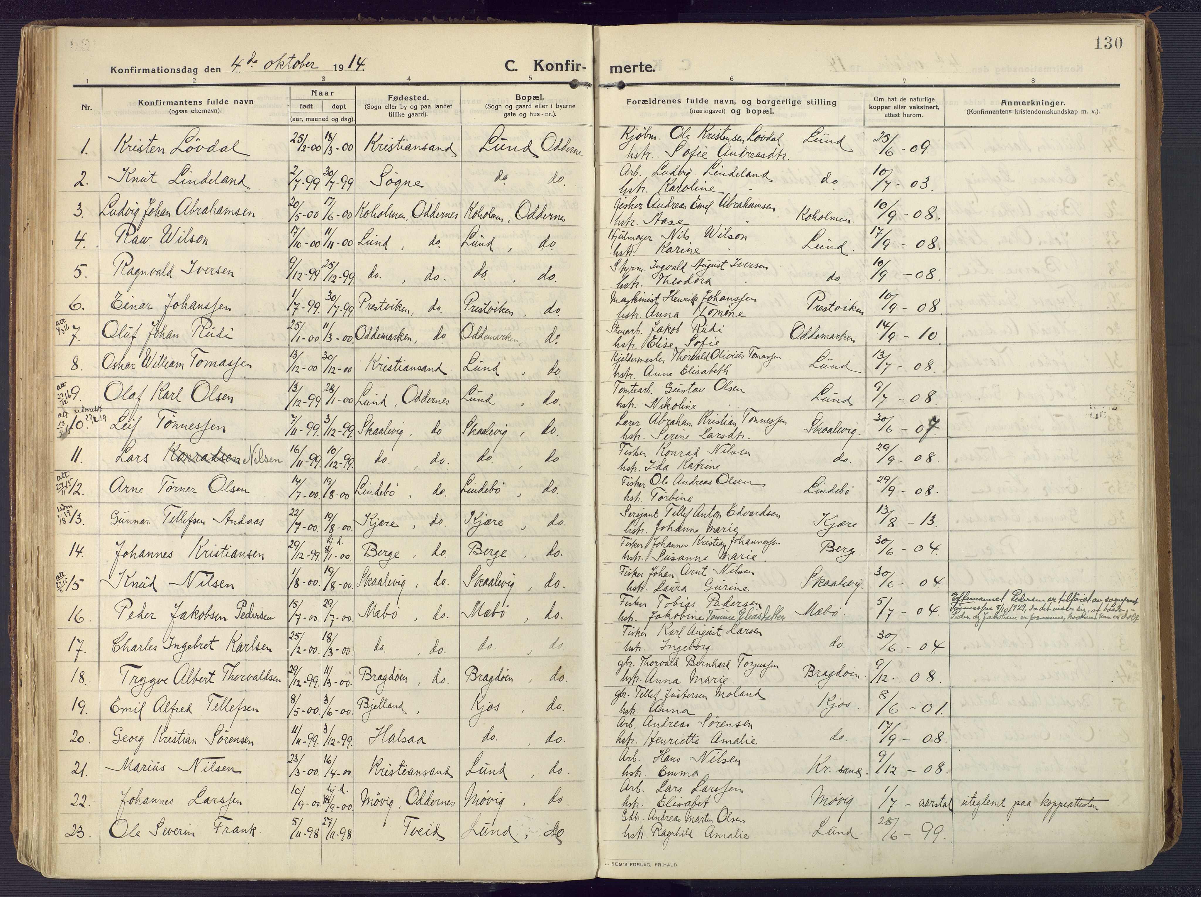 Oddernes sokneprestkontor, AV/SAK-1111-0033/F/Fa/Faa/L0012: Parish register (official) no. A 12, 1912-1925, p. 130