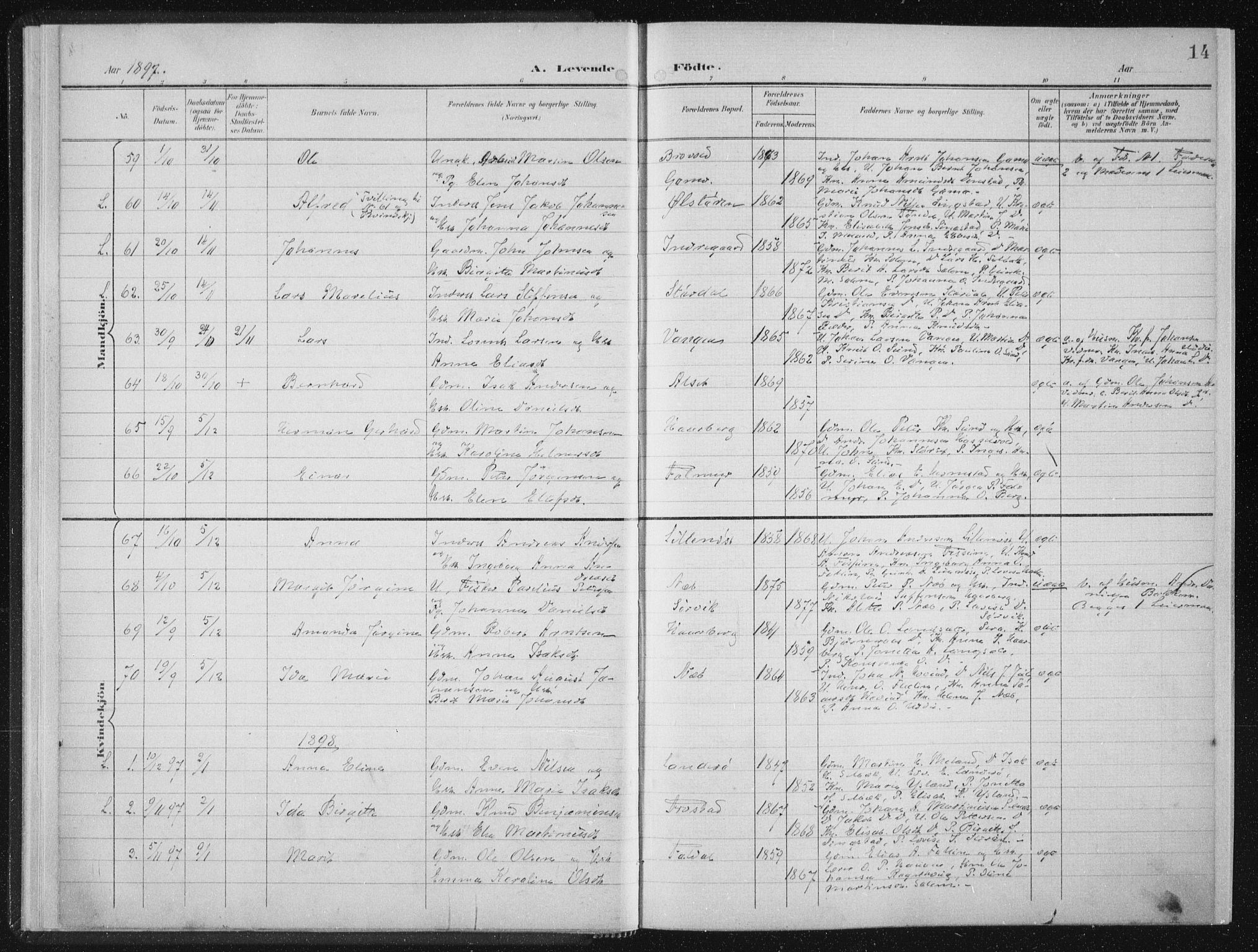 Ministerialprotokoller, klokkerbøker og fødselsregistre - Sør-Trøndelag, AV/SAT-A-1456/647/L0635: Parish register (official) no. 647A02, 1896-1911, p. 14