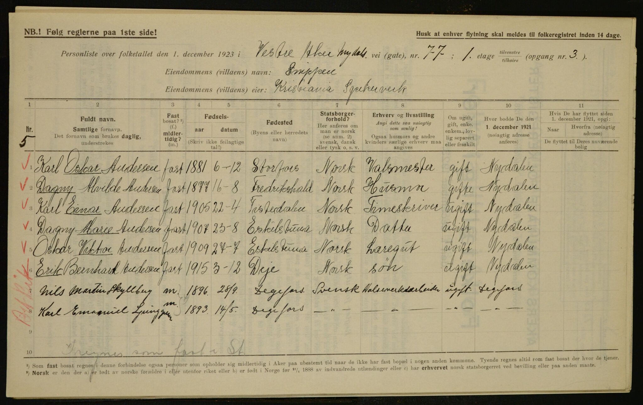 , Municipal Census 1923 for Aker, 1923, p. 16326