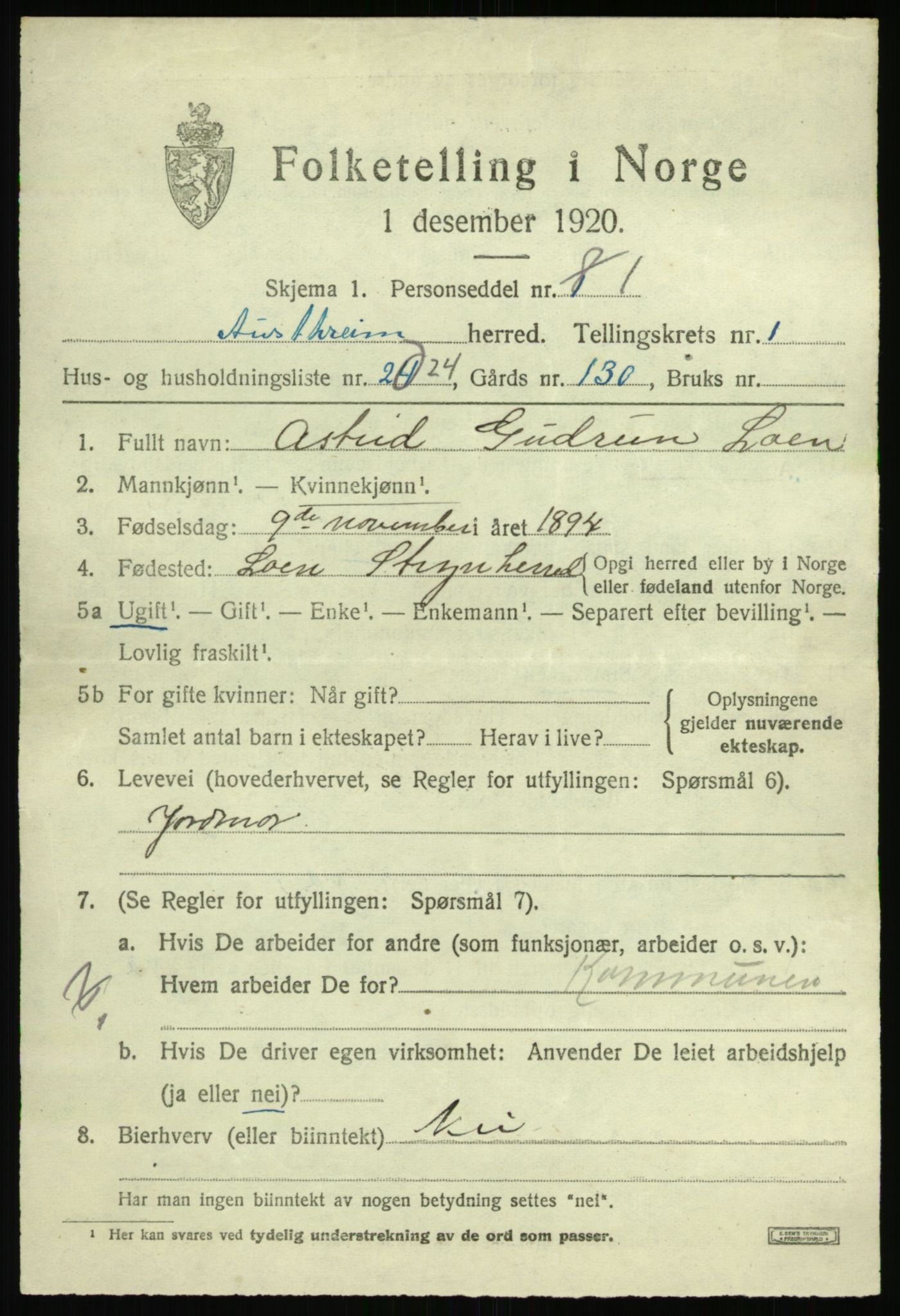 SAB, 1920 census for Austrheim, 1920, p. 1260