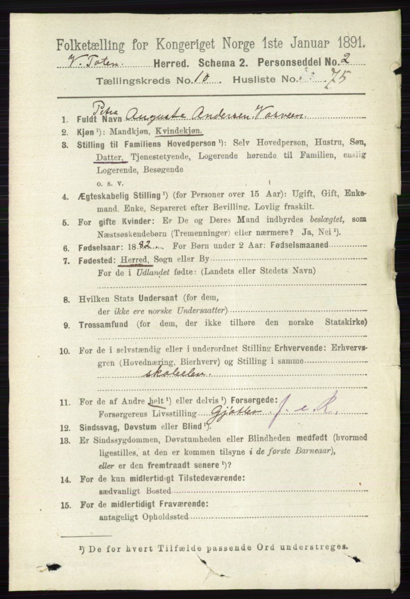 RA, 1891 census for 0529 Vestre Toten, 1891, p. 6617