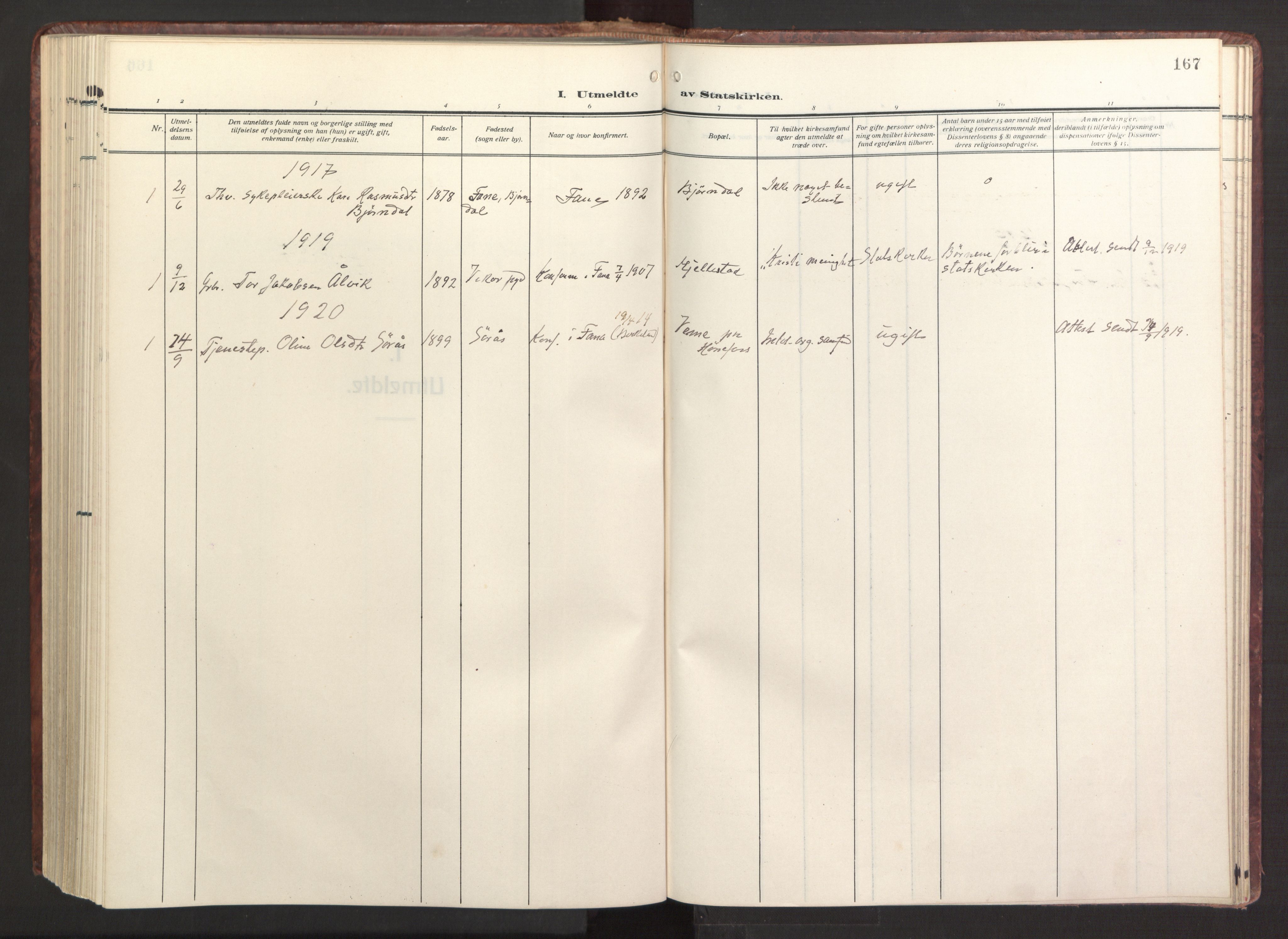 Fana Sokneprestembete, AV/SAB-A-75101/H/Haa/Haab/L0005: Parish register (official) no. B 5, 1915-1923, p. 167