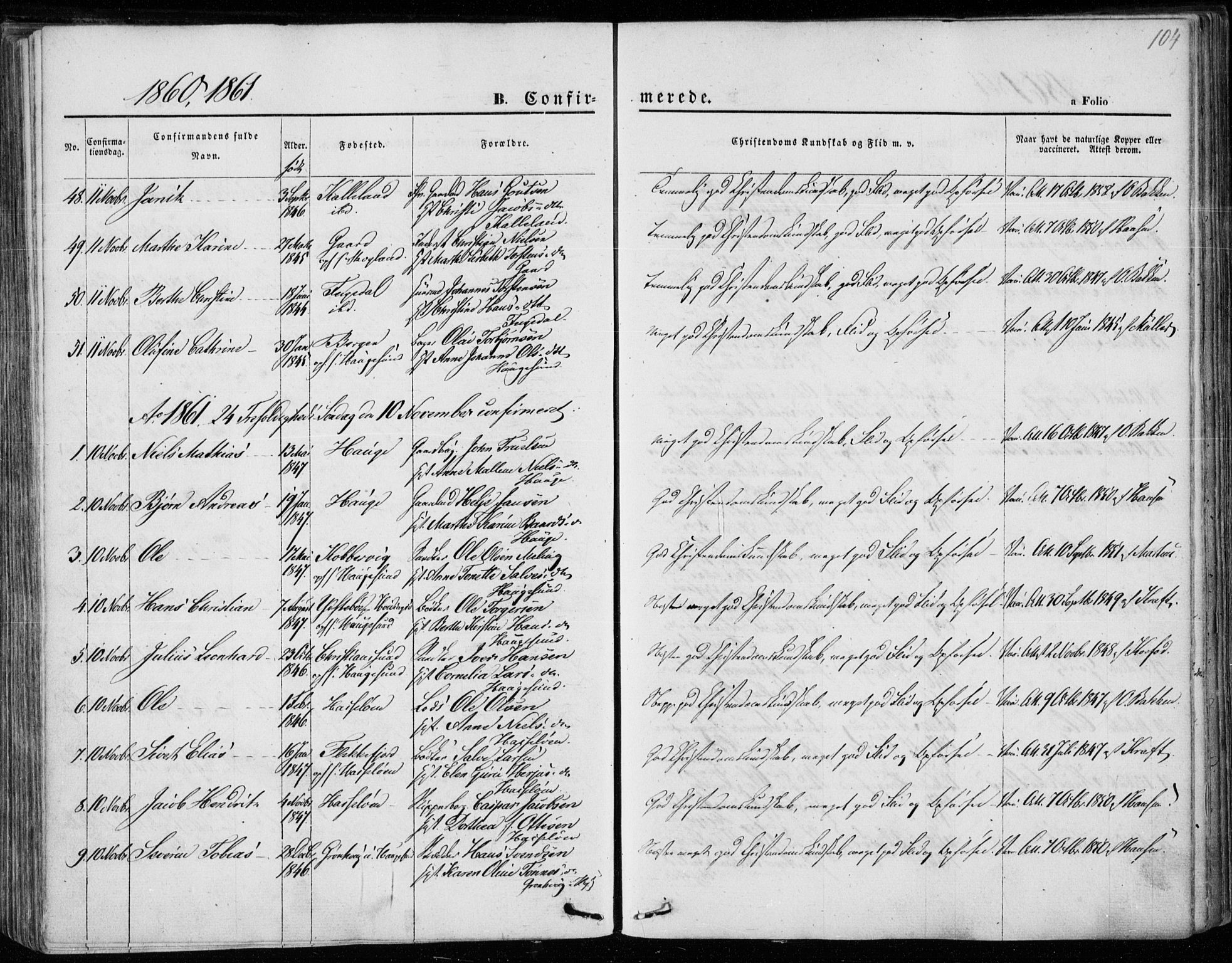 Torvastad sokneprestkontor, SAST/A -101857/H/Ha/Haa/L0011: Parish register (official) no. A 11, 1857-1866, p. 104